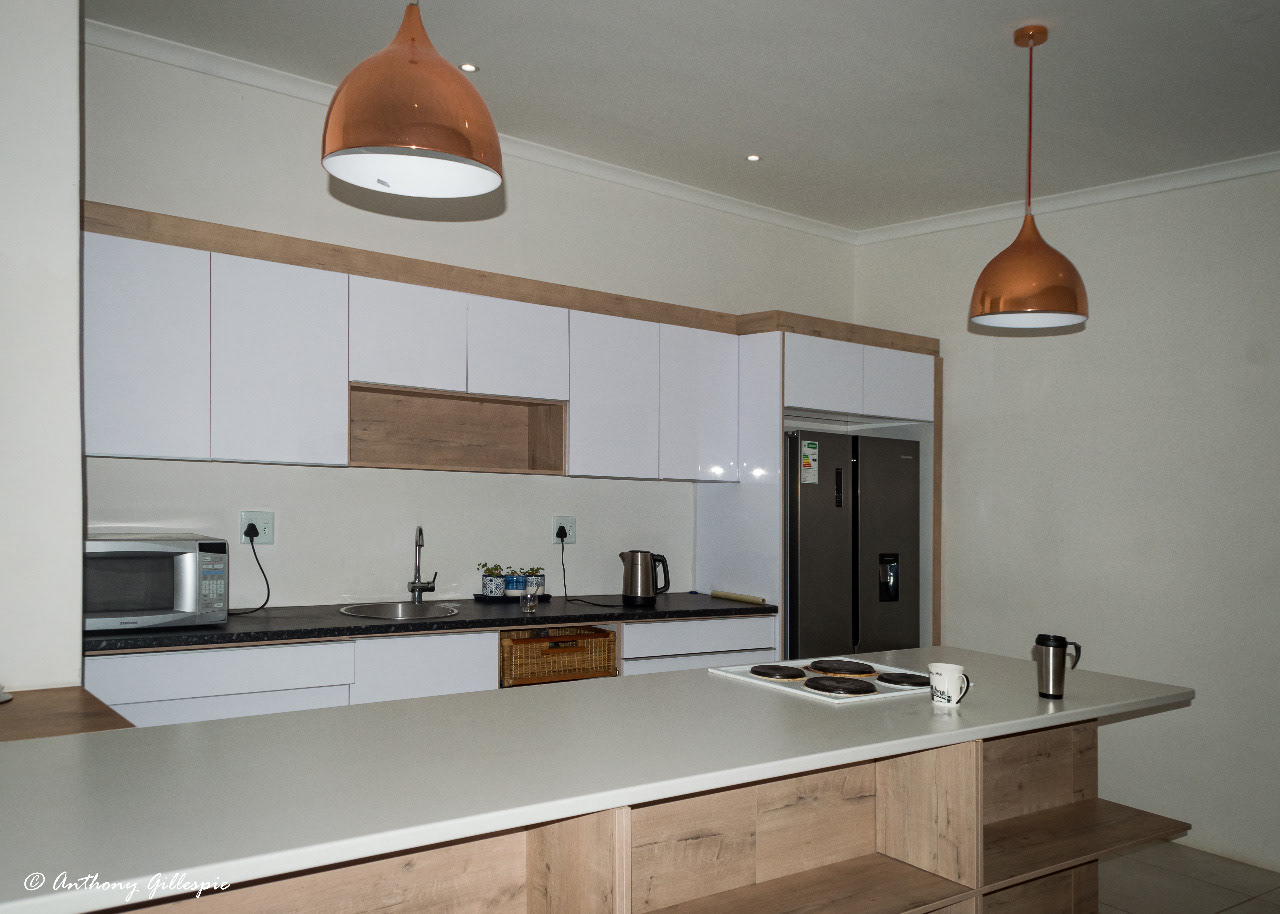 A sideview of the communal kitchen.