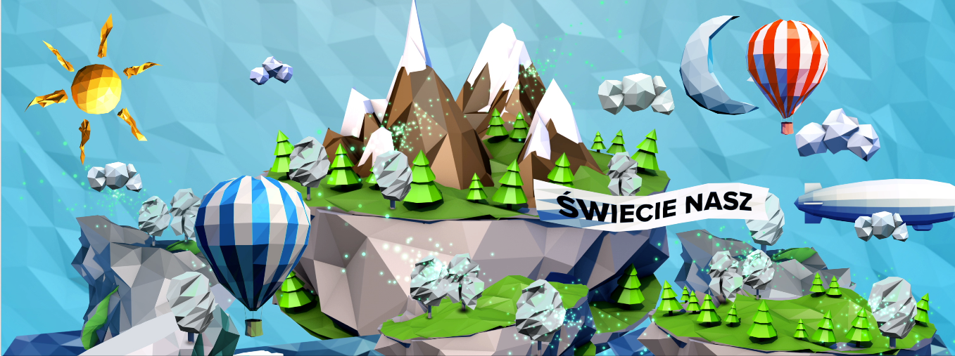 grafika komputerowa 3D low poly, sterowiec z szarfą z napisem "Świecie nasz", lewitująca wyspa, balony, jaskrawe kolory,  oprawa graficzna eventu