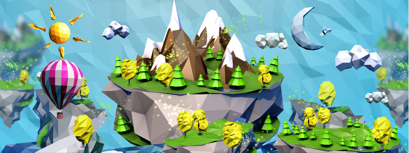 grafika komputerowa 3D, stylistyka low poly, jaskrawe kolory, lewitujące wyspy, zaśnieżone góry, balon, oprawa graficzna eventu