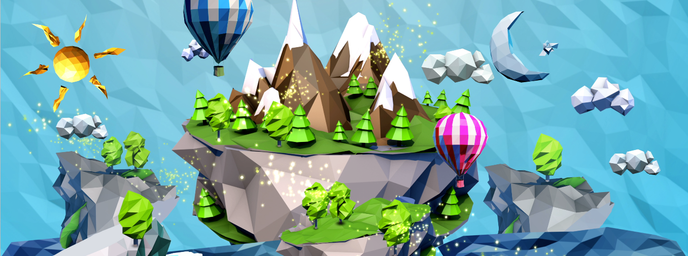 grafika komputerowa 3D, stylistyka low poly, jaskrawe kolory, lewitująca wyspa, zaśnieżone góry, lecące balony, oprawa graficzna eventu