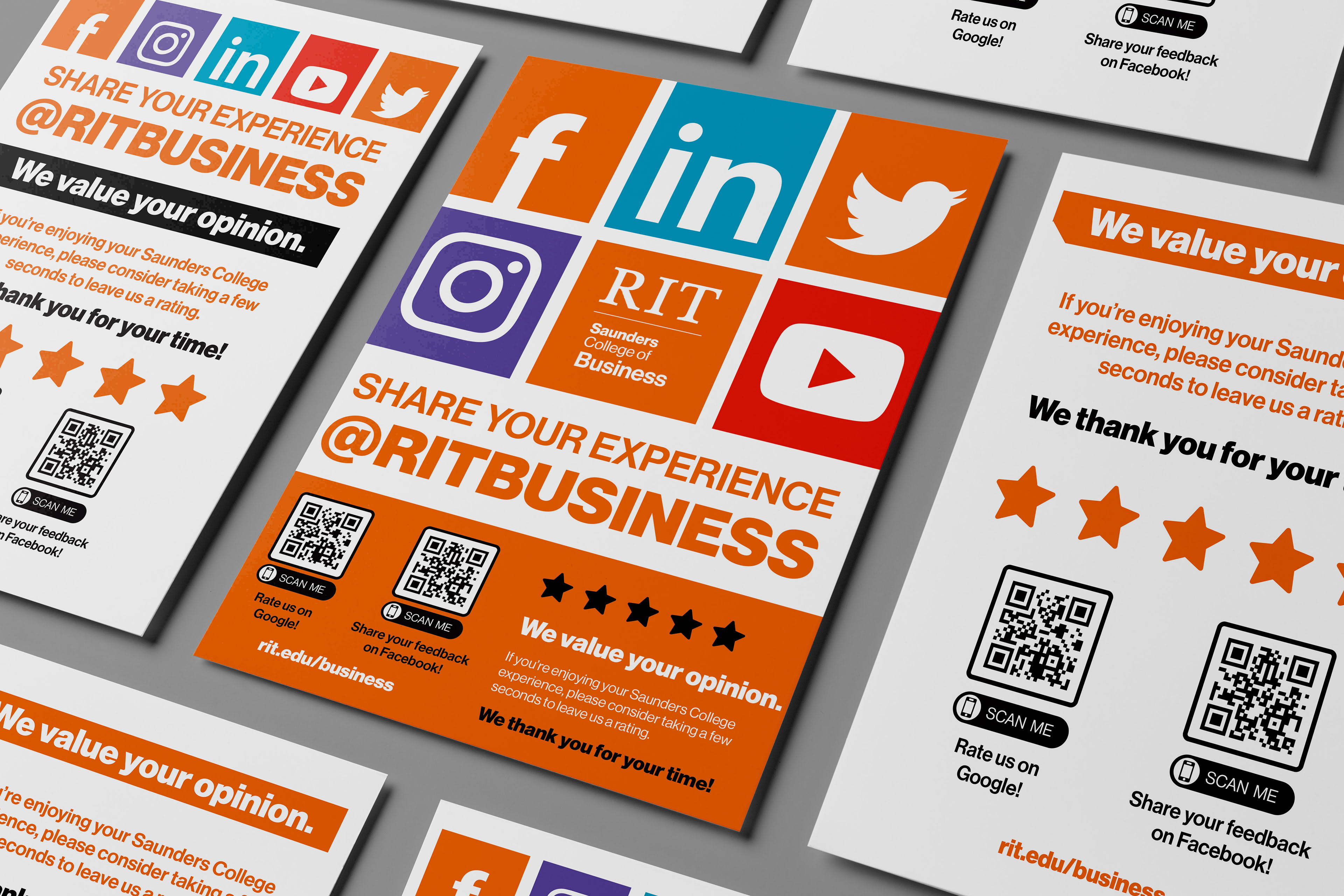 I designed posters and social cards for RIT's Saunders College of Business, where people can go and find the College of Business' social media and places to write reviews.
