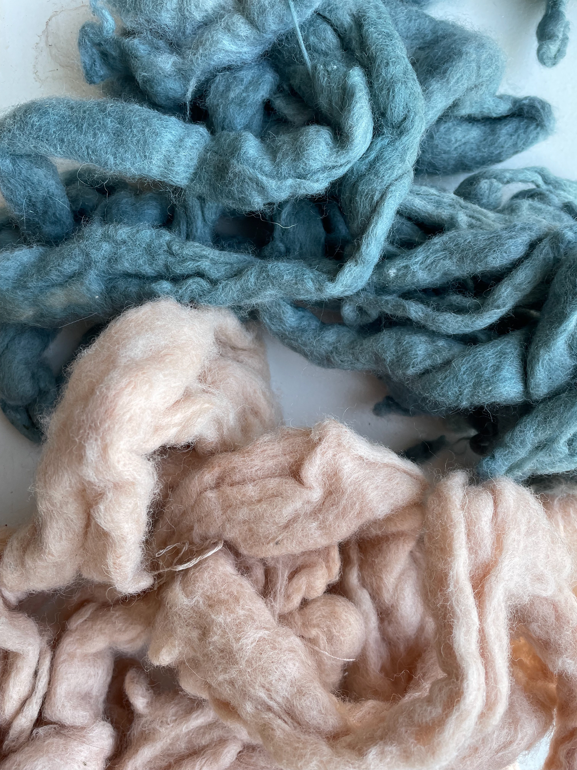 Wools I naturally dyed using avocado skins (pink) Red cabbage and iron water (blue)