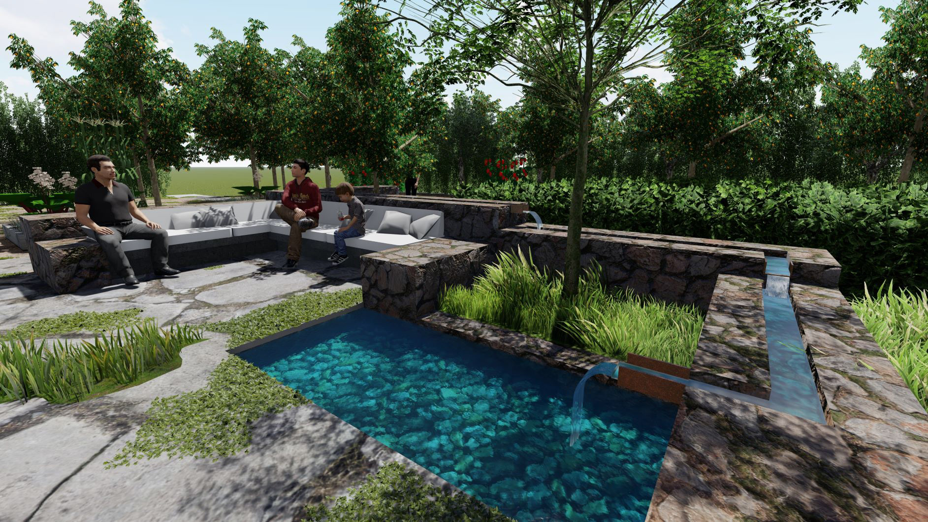 water feature and sitting area design