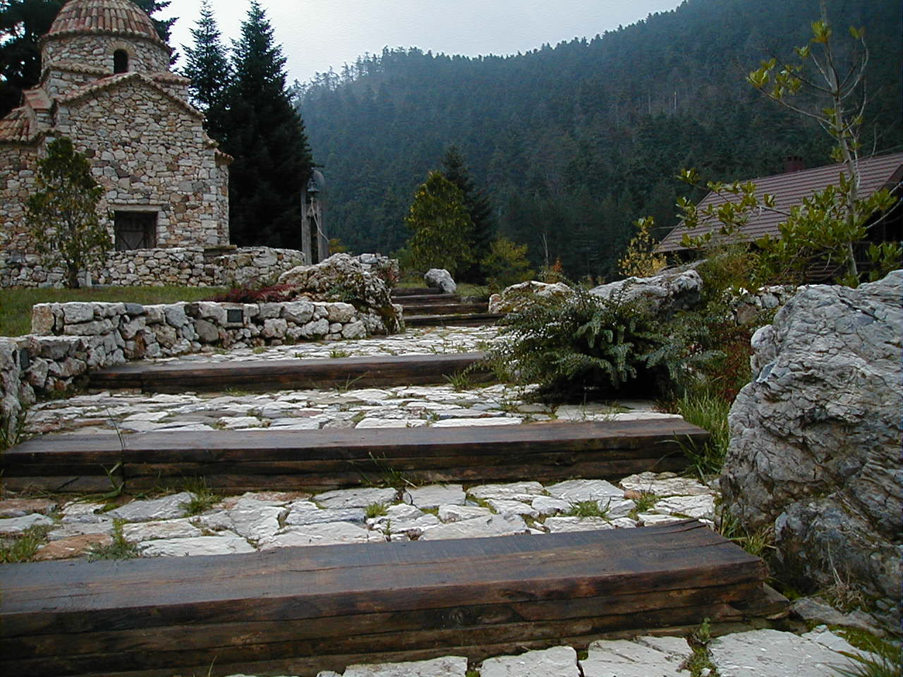 stonepath and wood steps leading to the byzantine churchleading to