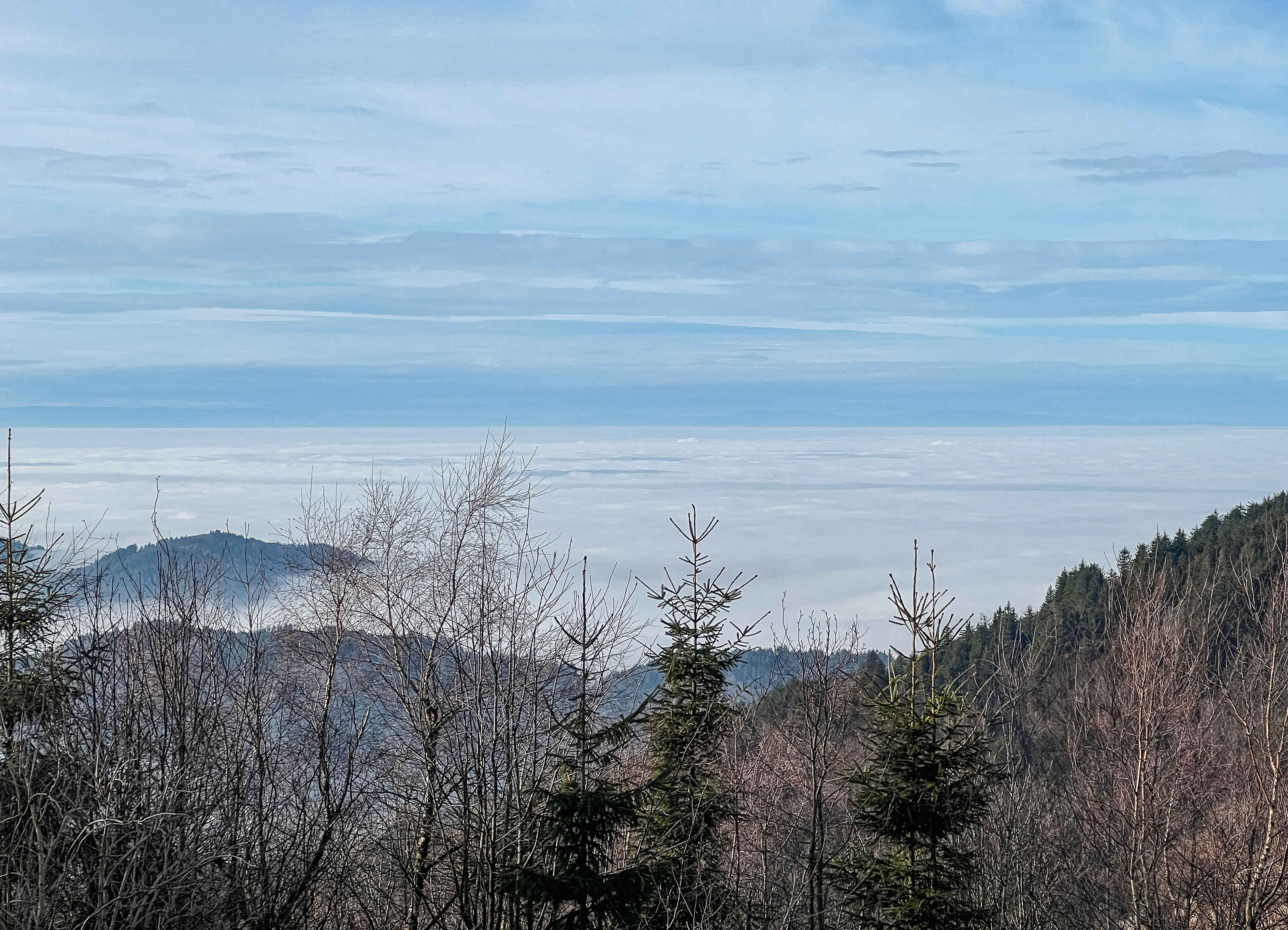Inversionswetterlage. Wolken unten, Sonne oben.