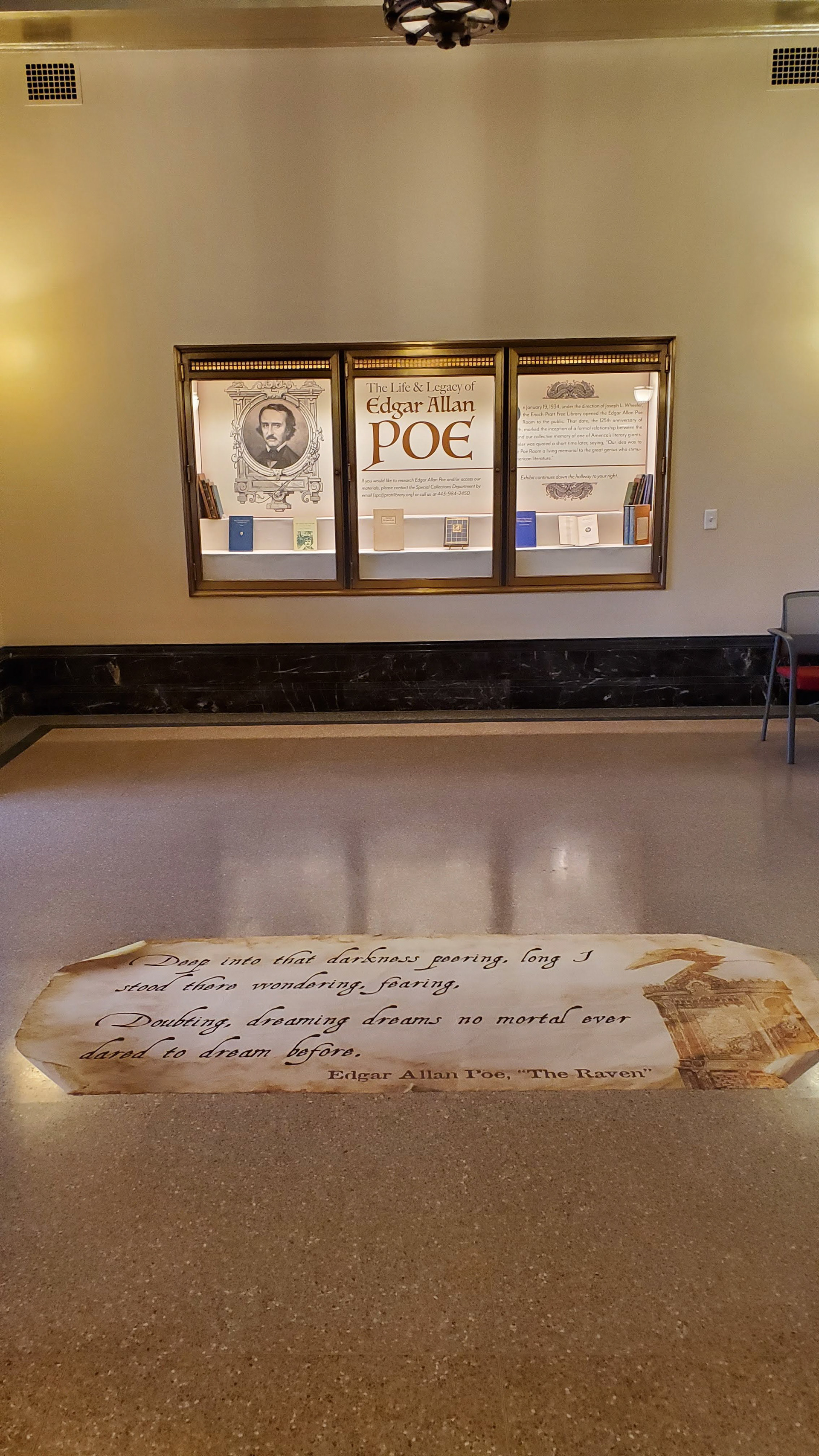 Introduction panel set and floor graphic installed for the Life & Legacy of Edgar Allan Poe, 2020.