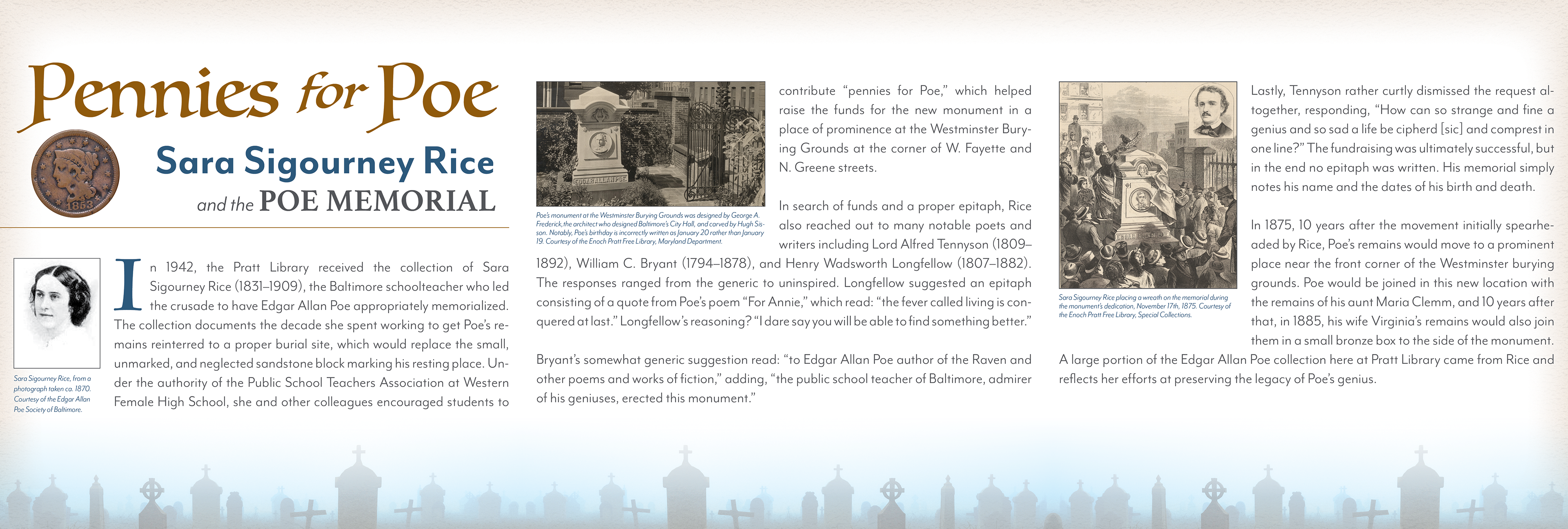 Pennies for Poe panel set layout for the Life & Legacy of Edgar Allan Poe, 2020.