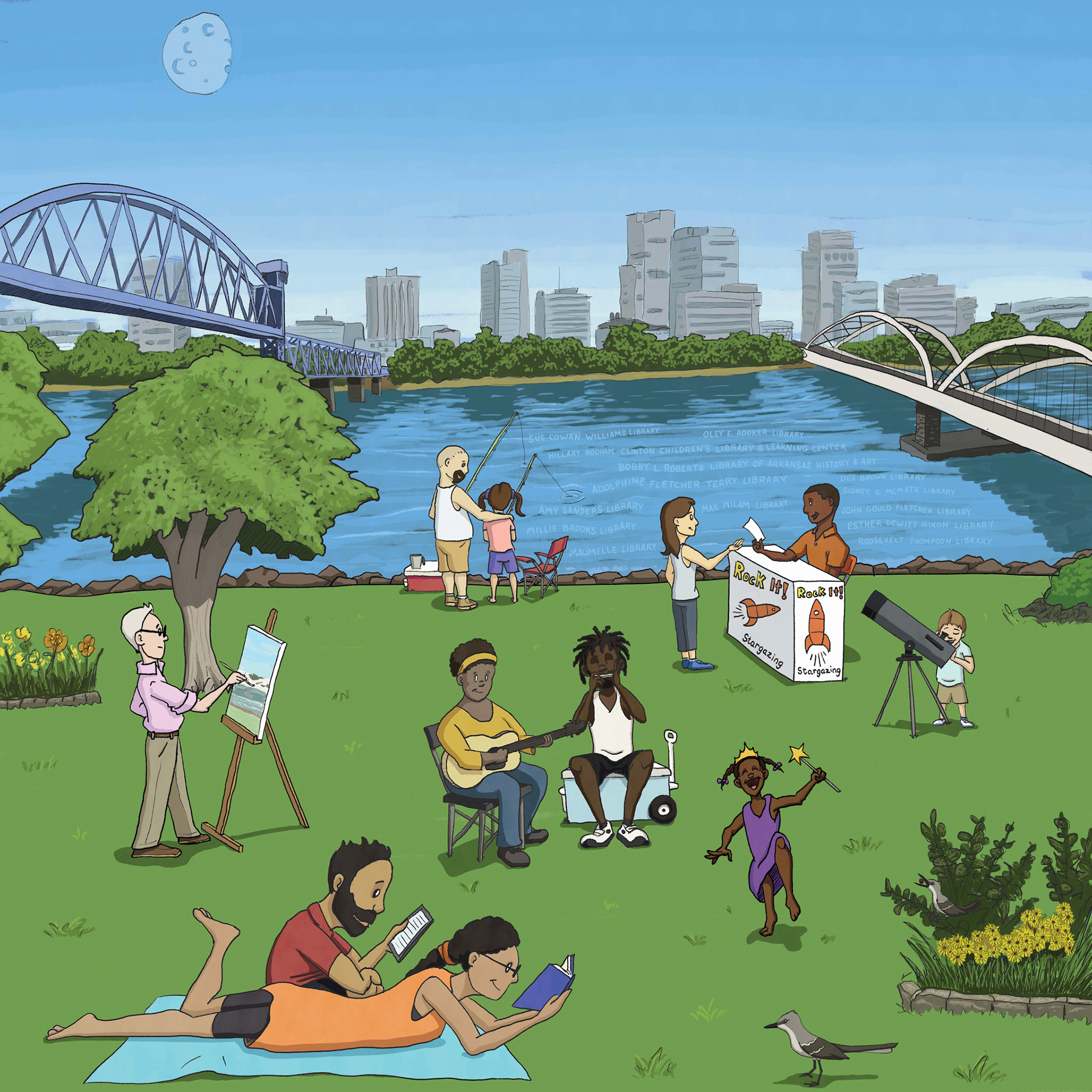 Digital illustration for Central Arkansas Library System, 2021. Names of all the system branches are included in the highlights on the river. Broken down into layers and vignettes, parts of the illustration were used for billboards, wall graphics, and report covers. 