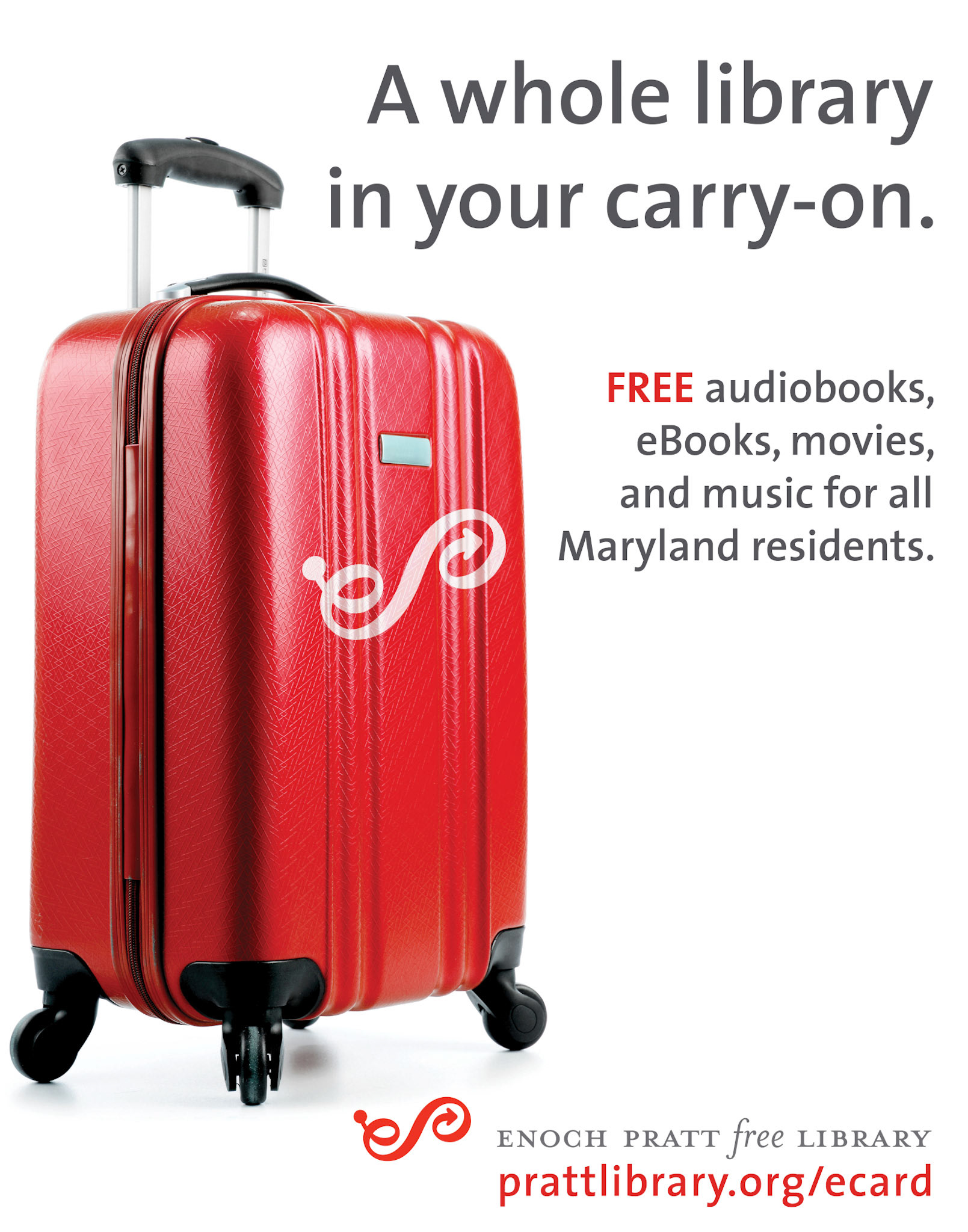 Poster design for Enoch Pratt Free Library's online catalog, displayed at BWI airport, 2019.
