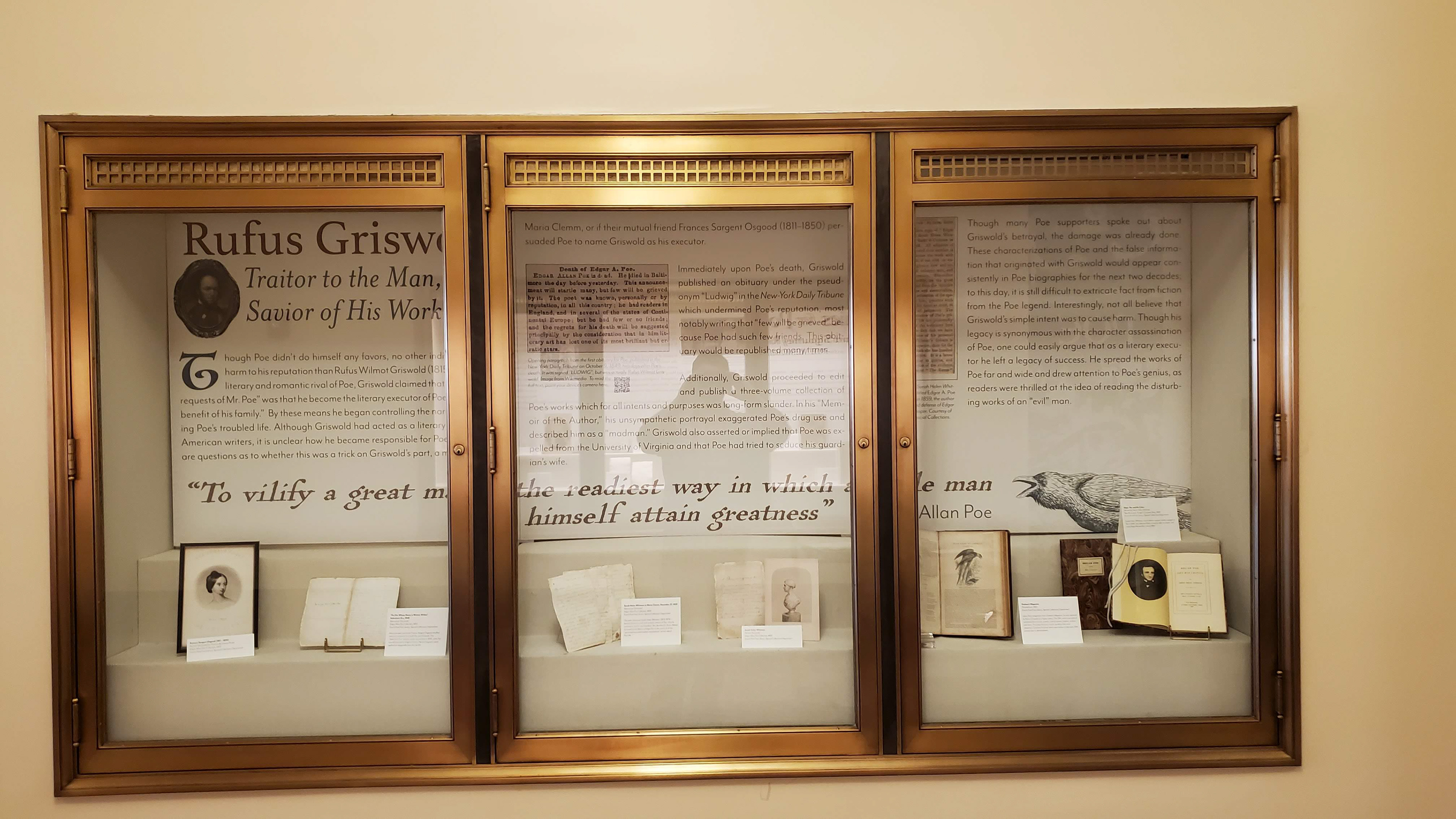 Rufus Griswold panel set installed for the Life & Legacy of Edgar Allan Poe, 2020. Additional artifacts and hand made replicas were installed in the case.