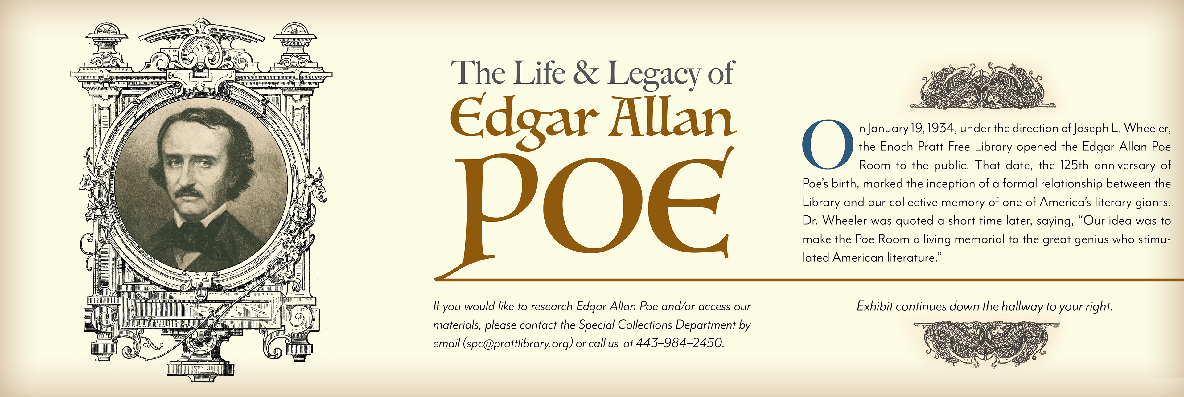 Introduction panel set layout for the Life & Legacy of Edgar Allan Poe, 2020.
