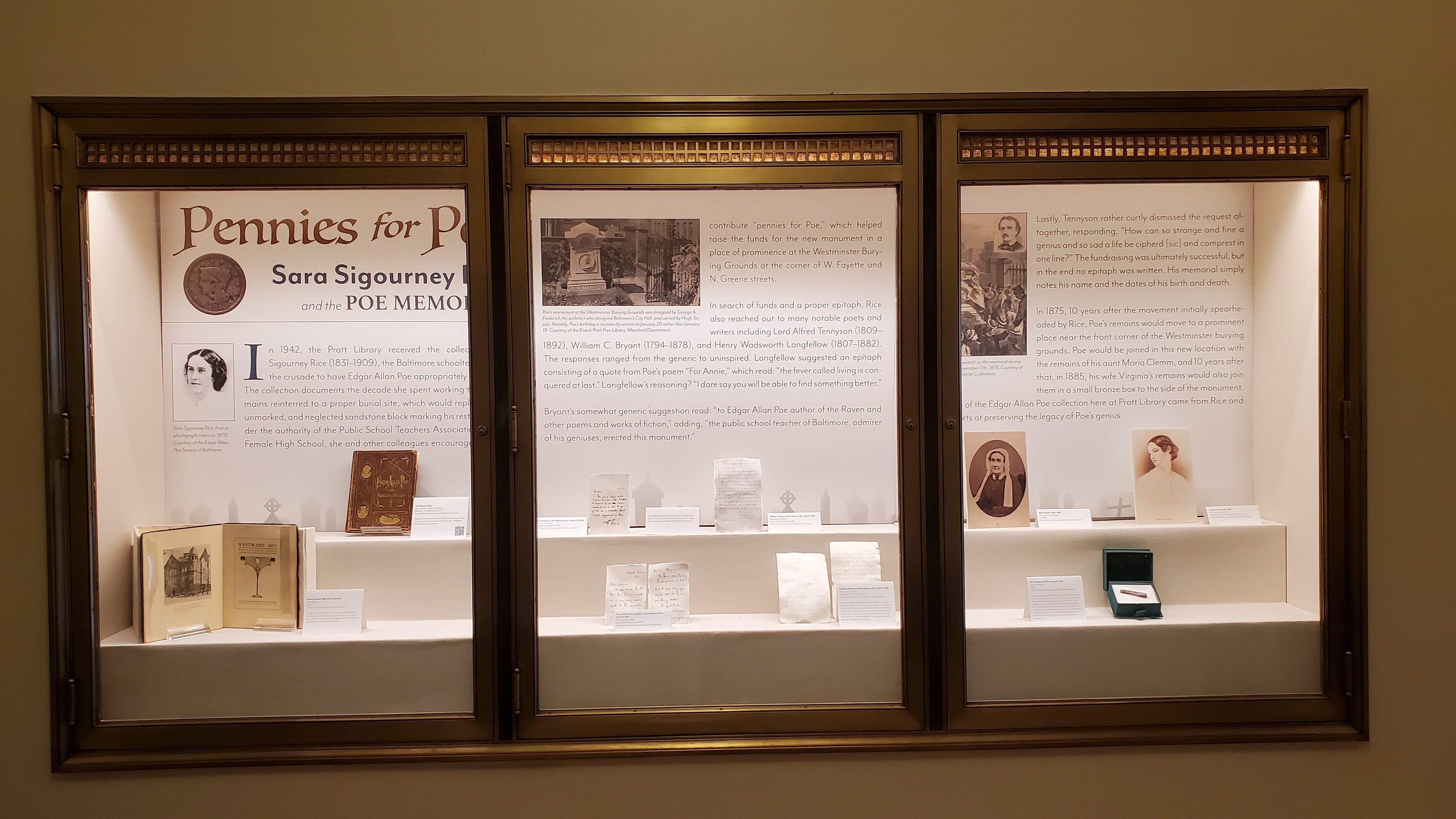 Pennies for Poe panel set installed for the Life & Legacy of Edgar Allan Poe, 2020. Additional artifacts and hand made replicas were installed in the case.
