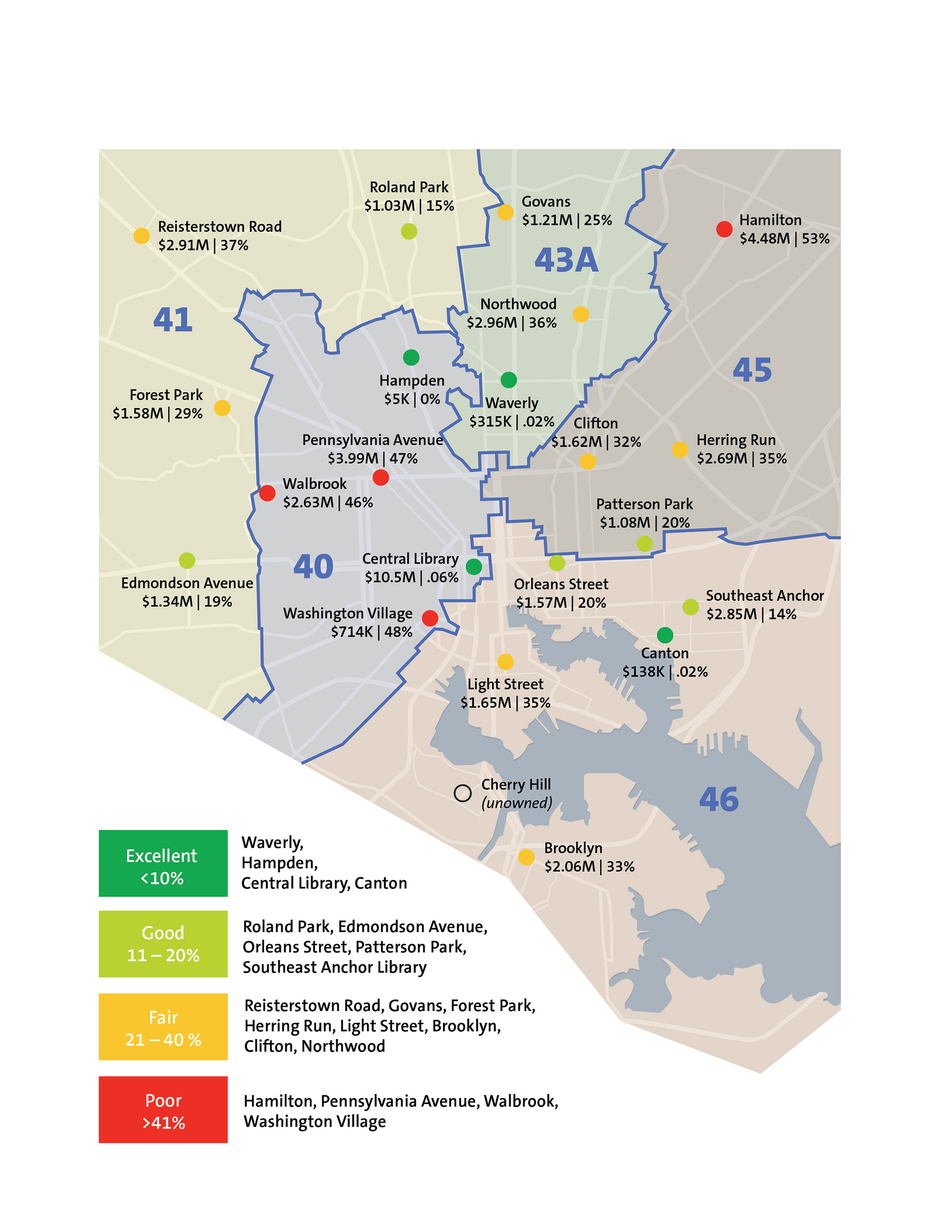 Map of library branch locations by council district and facility condition