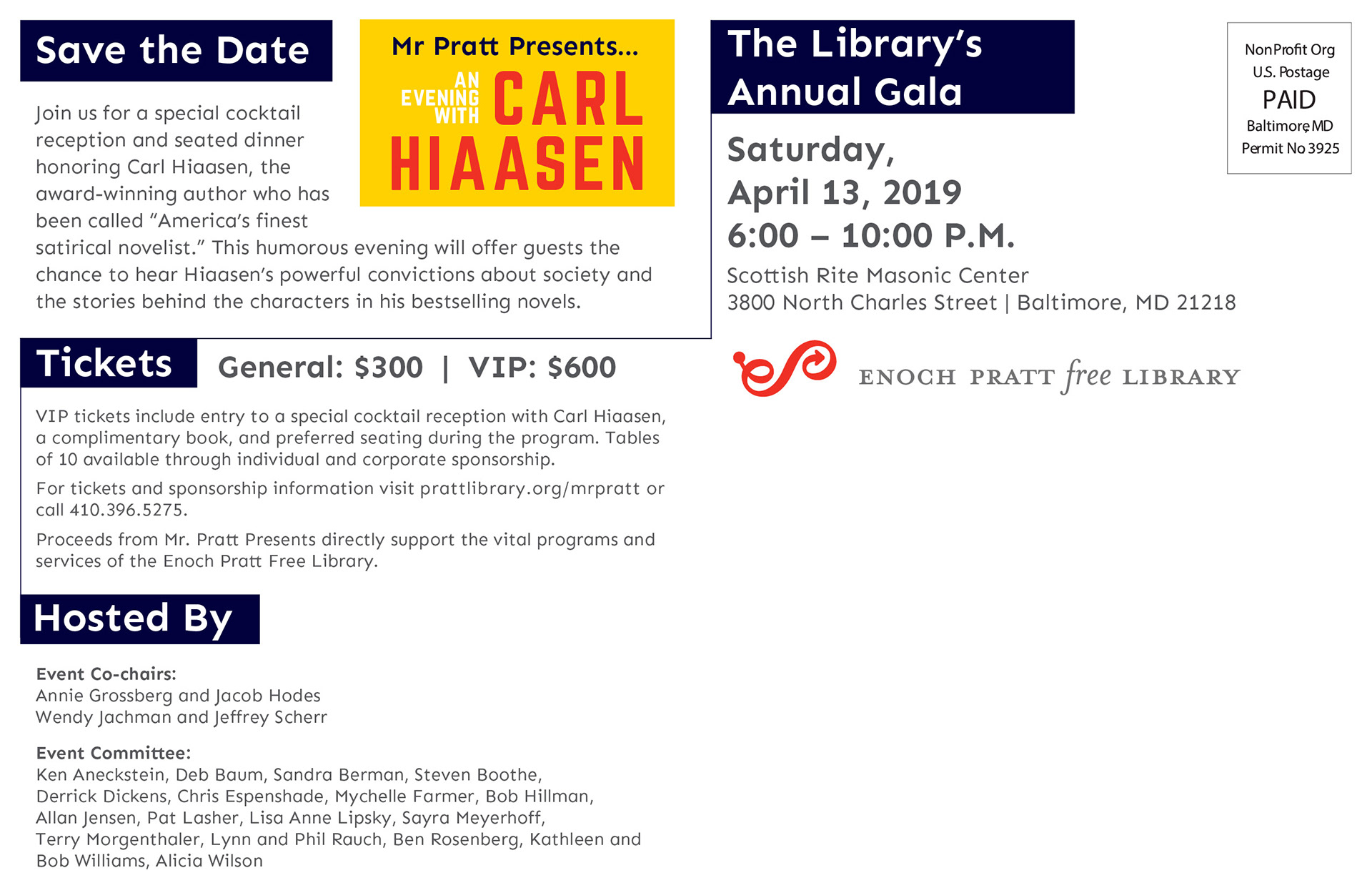 Save the date for Enoch Pratt Free Library's annual gala, back, 2019.