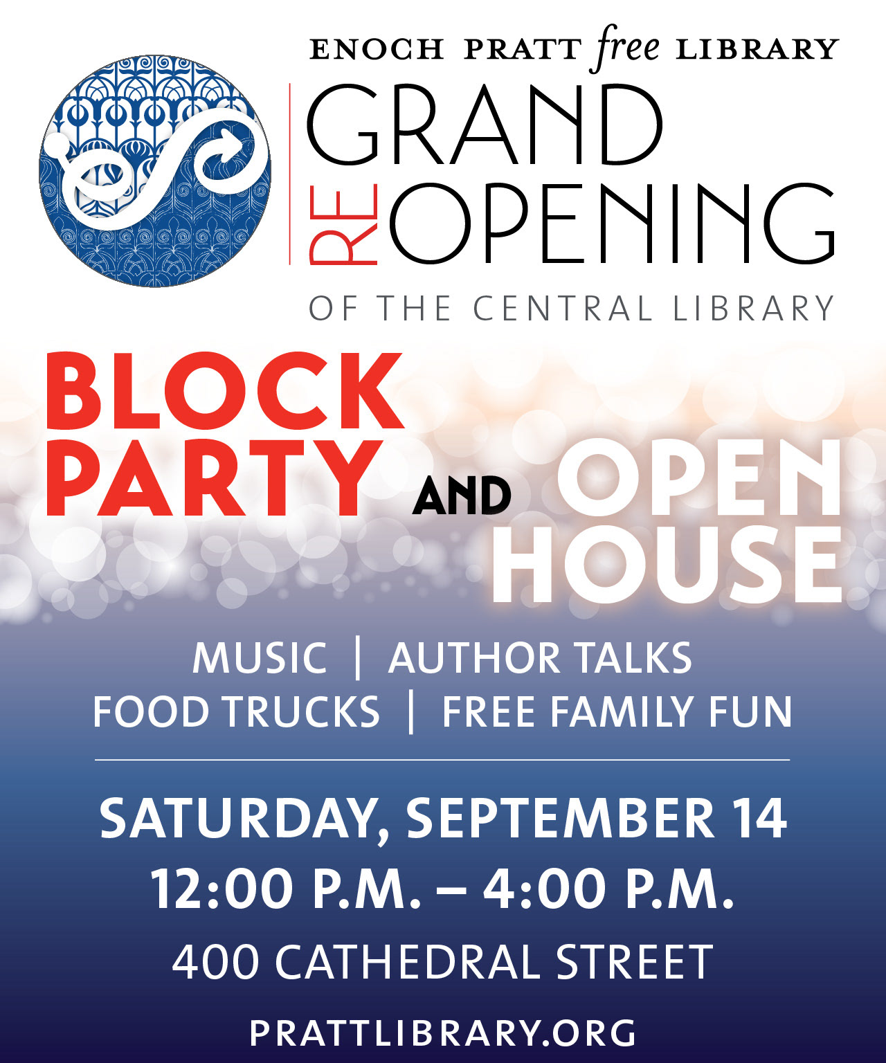 Digital billboard design for the grand reopening of the Enoch Pratt Free Library's Central Library, 2019.