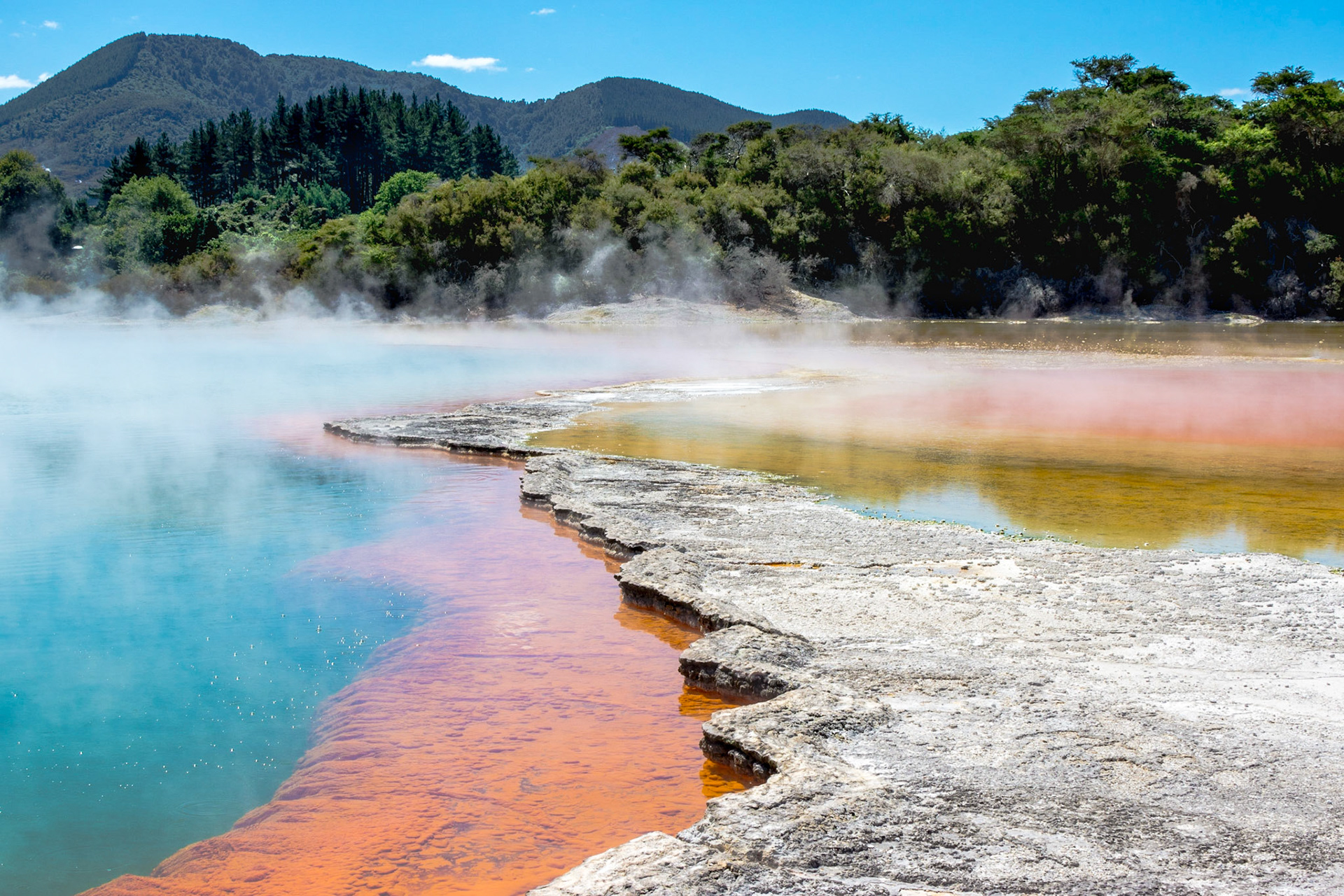 Like a Glass of Bubbly, Champagne Pool Is an Ever-fizzing (Hot) Spring at 74 degrees Celsius.

The Pool is the centrepiece of the even-lovelier-named Wai-o-tapu (sacred waters) Thermal Wonderland. This area, located in the north island of New Zealand, was formed over thousands of years of geothermal activity.