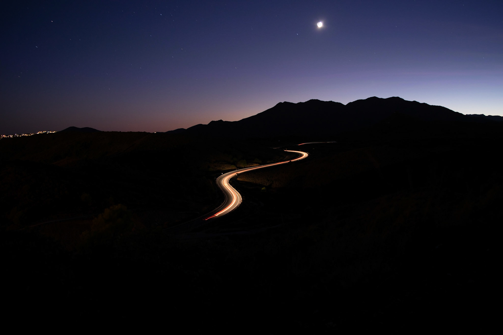 Night photograph of moving cars