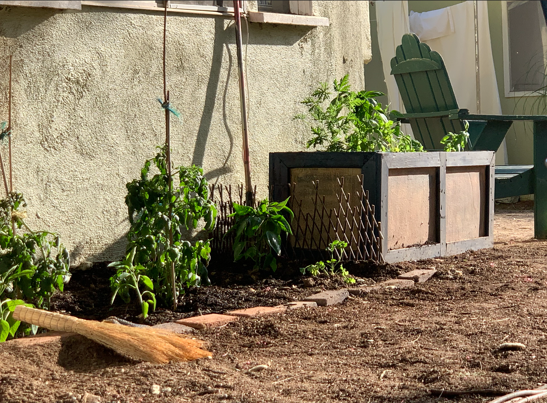 Planter (Right) built by me for backyard set-- out of resued wood!