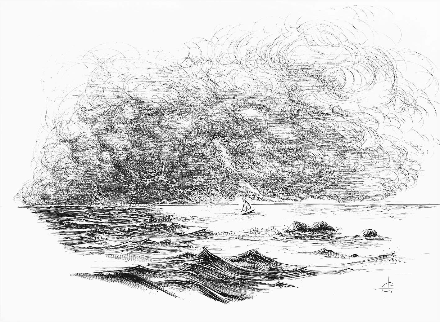 "Tourmente"     Fineliner sur Bristol 30 x 40