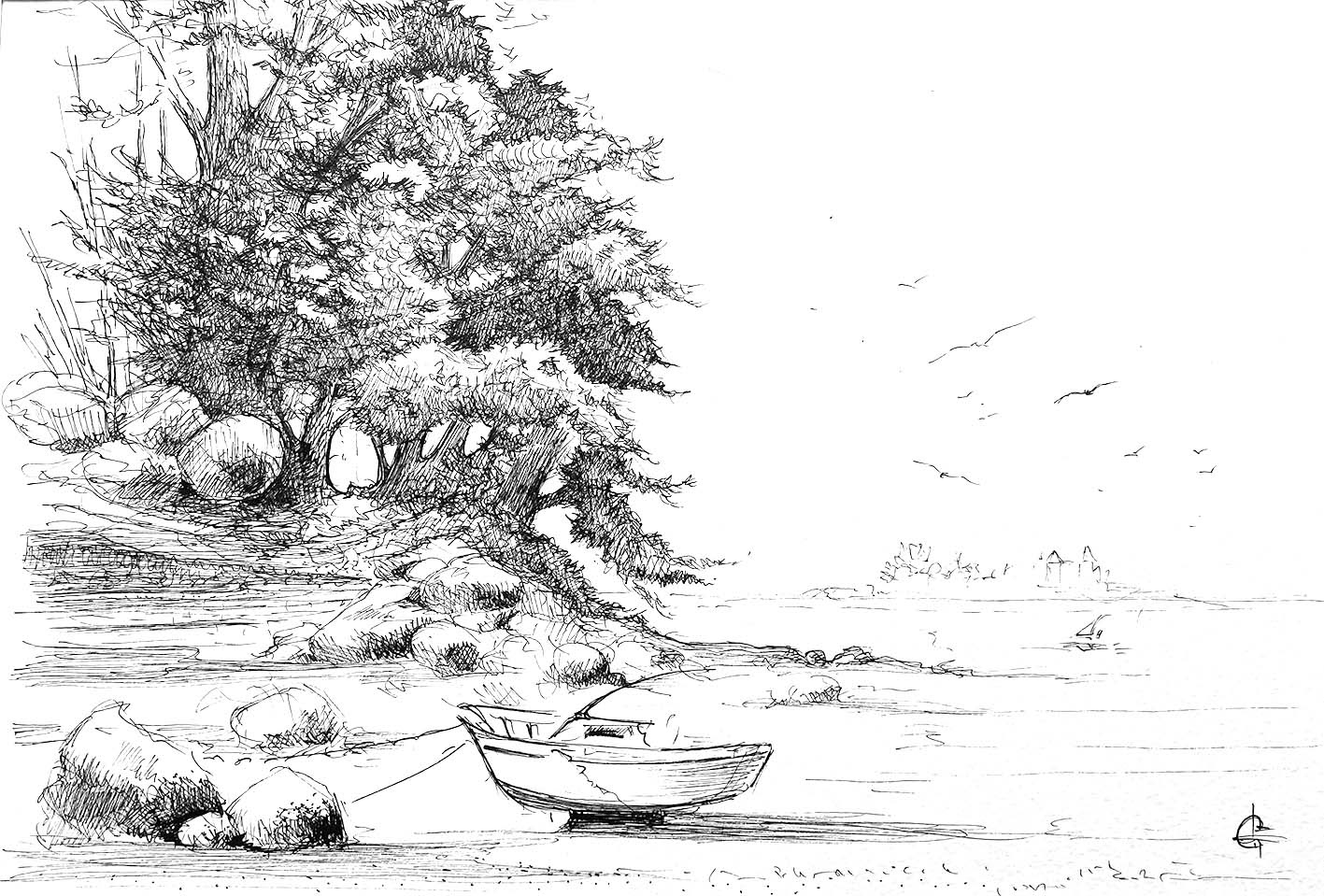 "Baie Sainte-Anne, marée basse"     Fineliner sur Canson 20 x 28