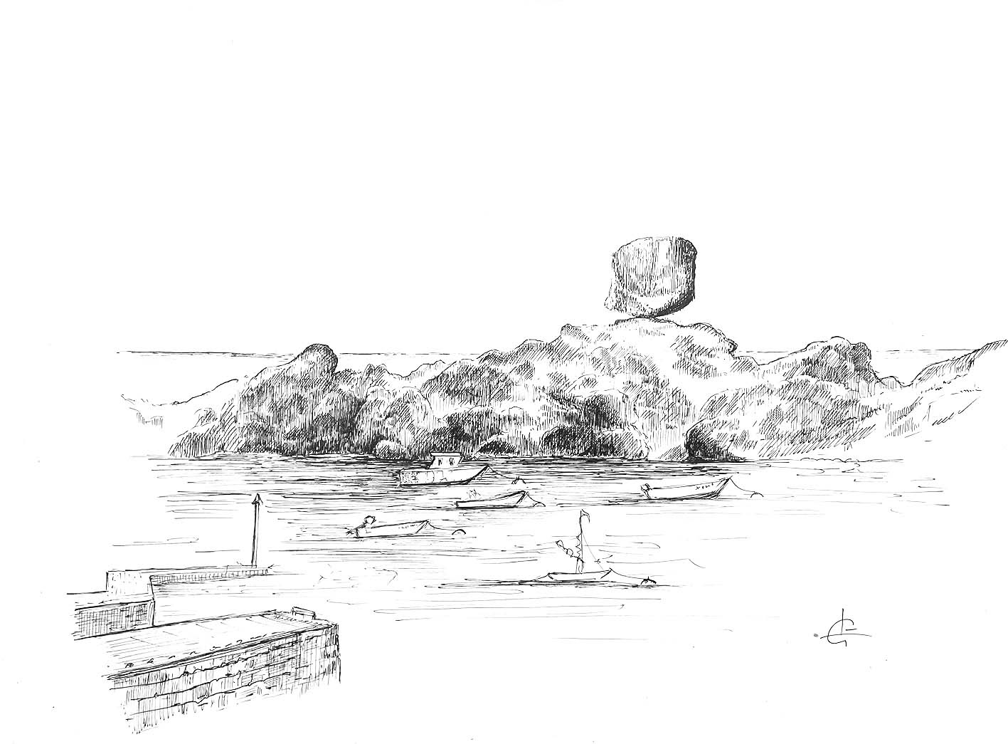 "Trégastel, le Dé vu de Coz-Pors"     Fineliner sur Bristol 30 x 40