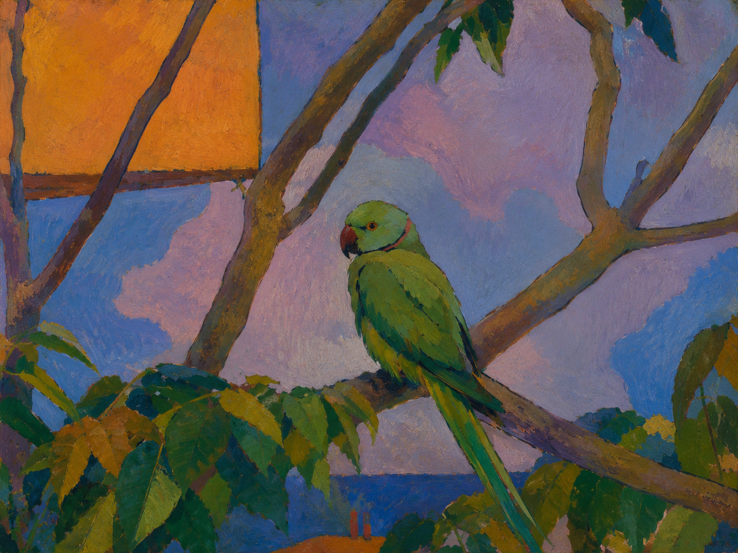 A rose-ringed parakeet perched among branches, oil on canvas in Post-Impressionist color blocks