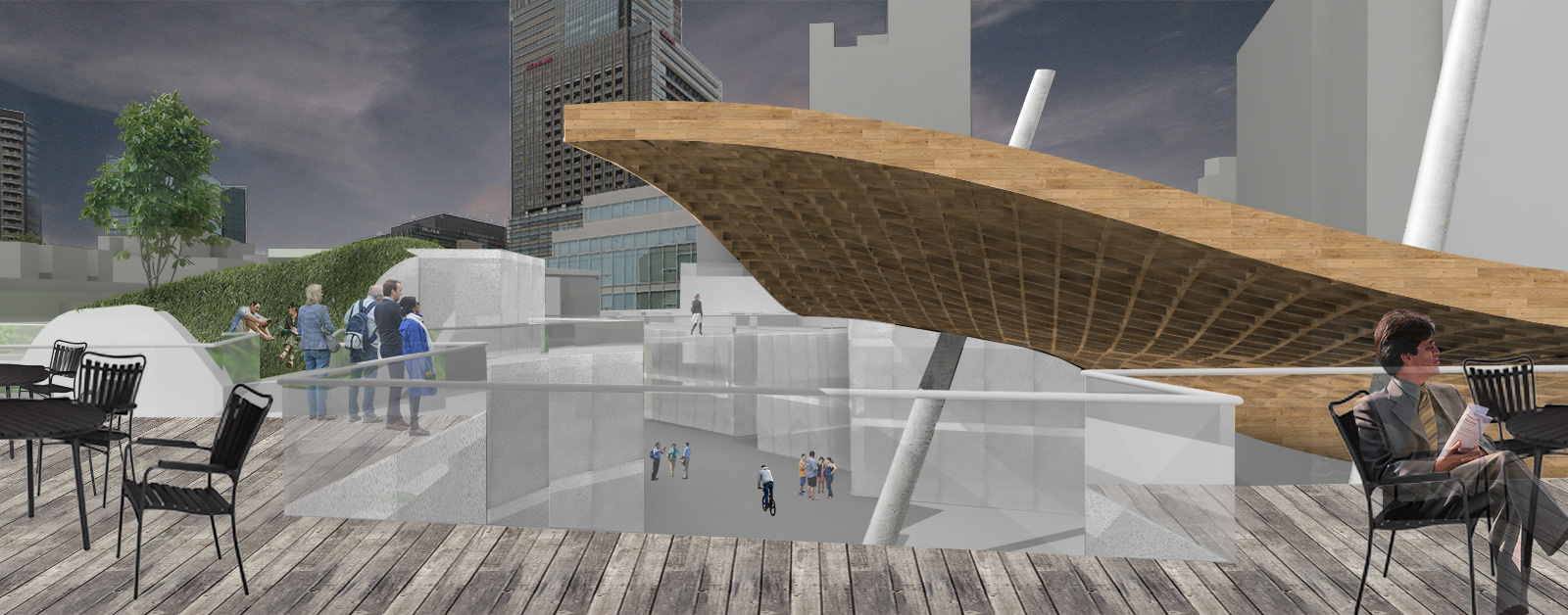 THE PERFORMANCE CANOPY'S CURVE COMPLETES THE FORM OF THE GRASS HILL ON THE SOUTHERN PART OF THE PROJECT WHICH RESPECTS THE NATURAL AND CULTURAL BEAUTY OF THE NEIGHBORING SHINTO SHRINE.