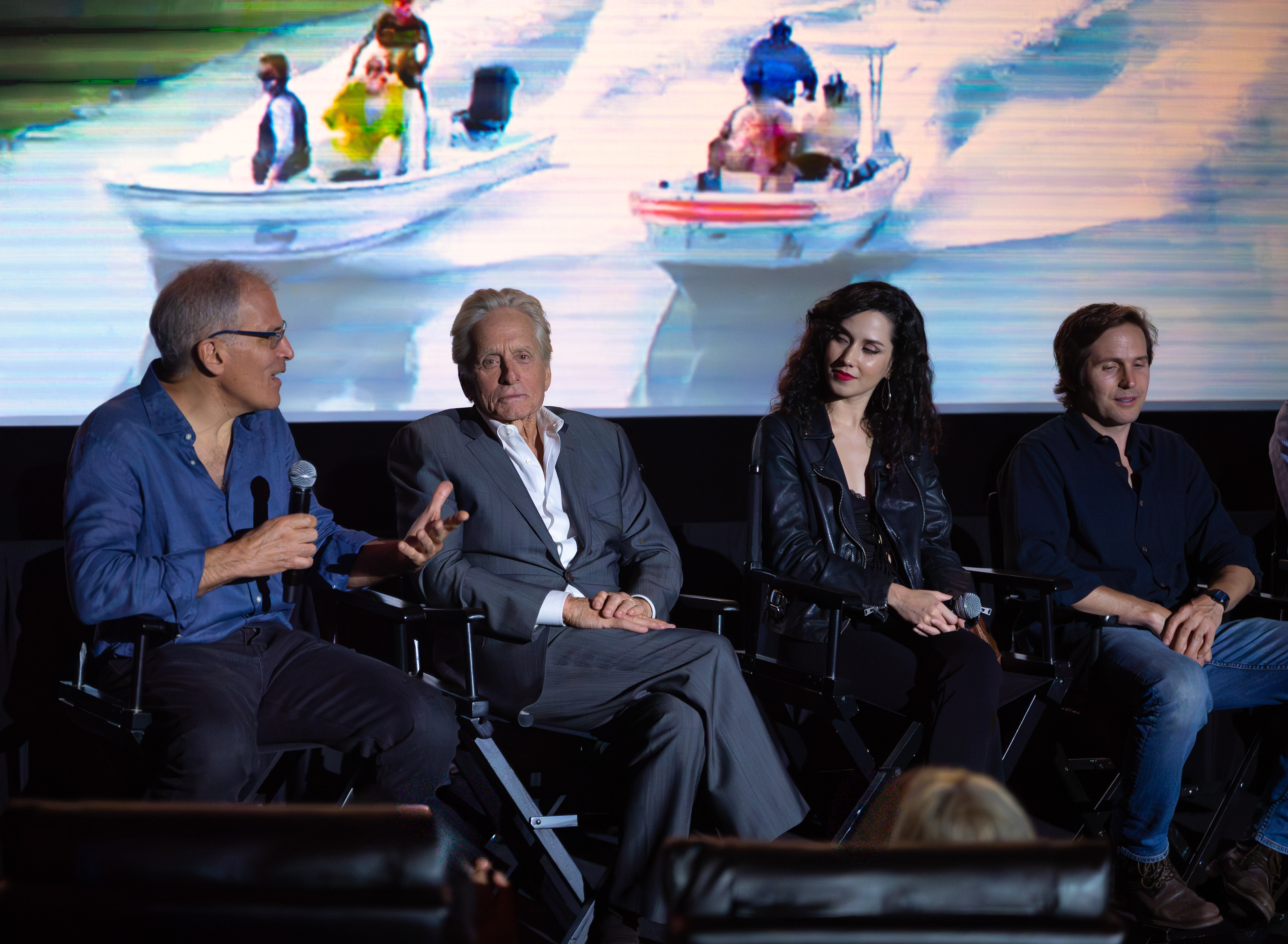 NEW YORK, NEW YORK - SEPTEMBER 5, 2025: Roberto Sneider, Michael Douglas, David Morse, Cameron Douglas, Tamara Tunie, Ximena Romo, and Michael Stahl-David participate in a Q&A for Looking Through Water at AMC Empire 25 in New York City.