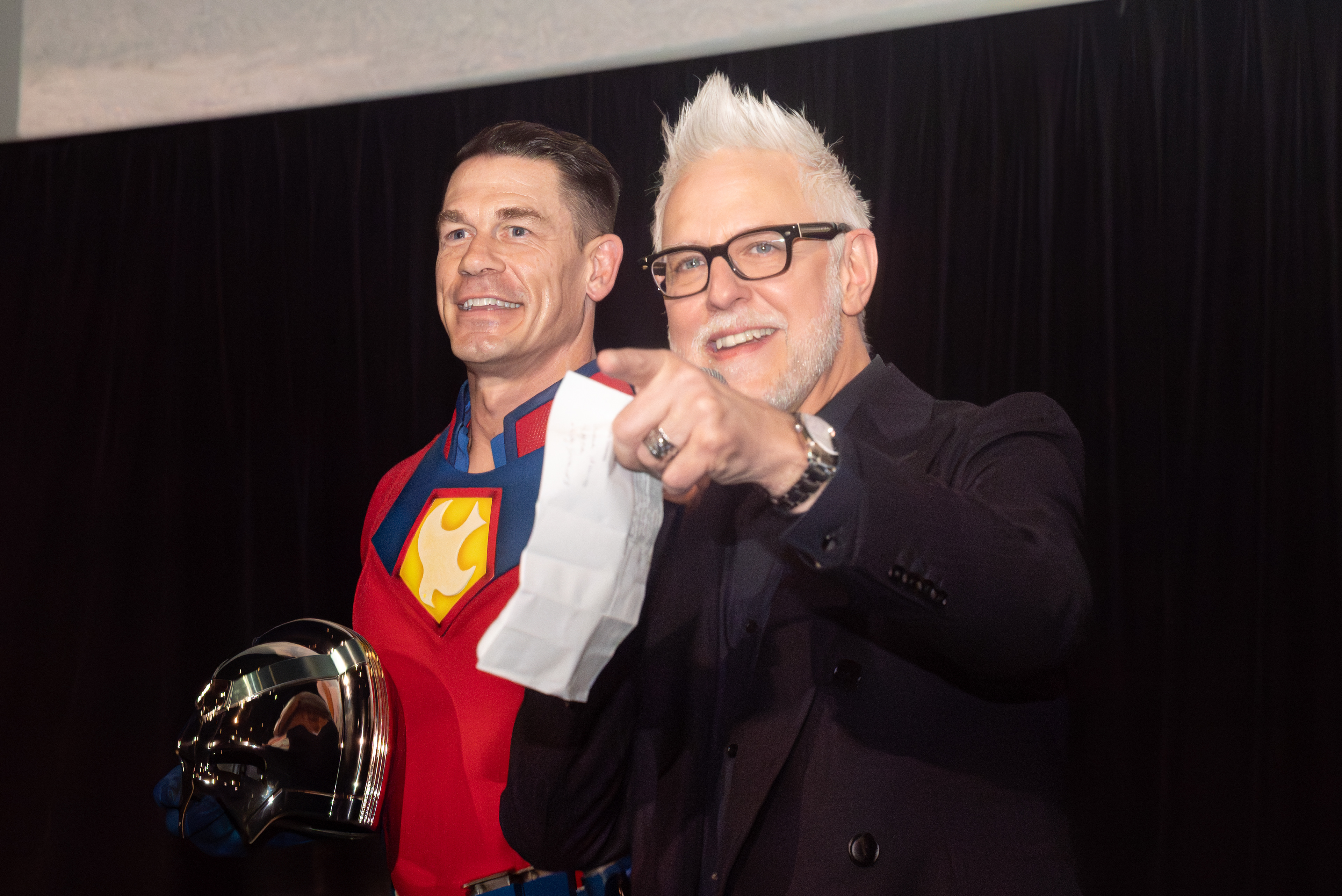 NEW YORK, NEW YORK - AUGUST 13, 2025: Director James Gunn and actor John Cena attend the world premiere of Peacemaker at AMC Lincoln Square 13 in New York City.