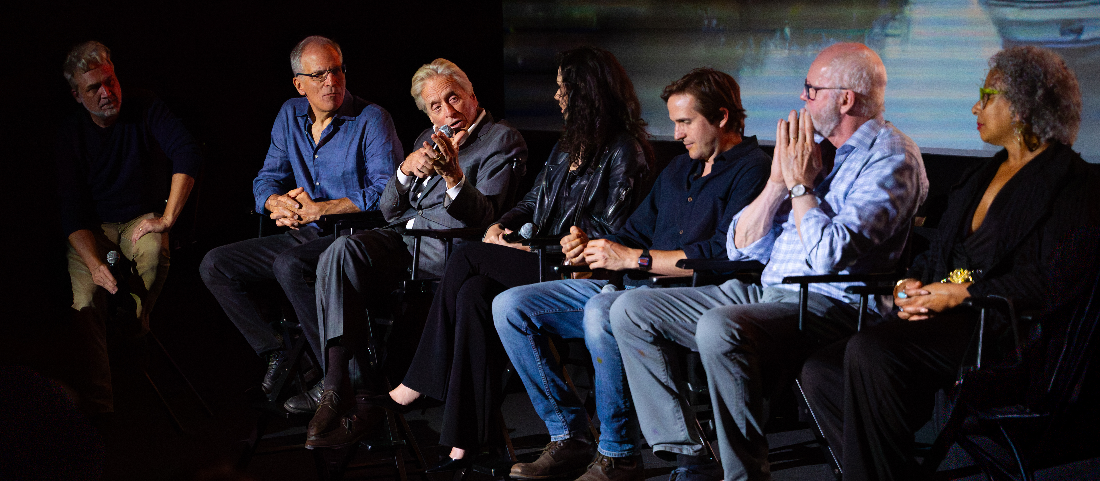 NEW YORK, NEW YORK - SEPTEMBER 5, 2025: Roberto Sneider, Michael Douglas, David Morse, Cameron Douglas, Tamara Tunie, Ximena Romo, and Michael Stahl-David participate in a Q&A for Looking Through Water at AMC Empire 25 in New York City.