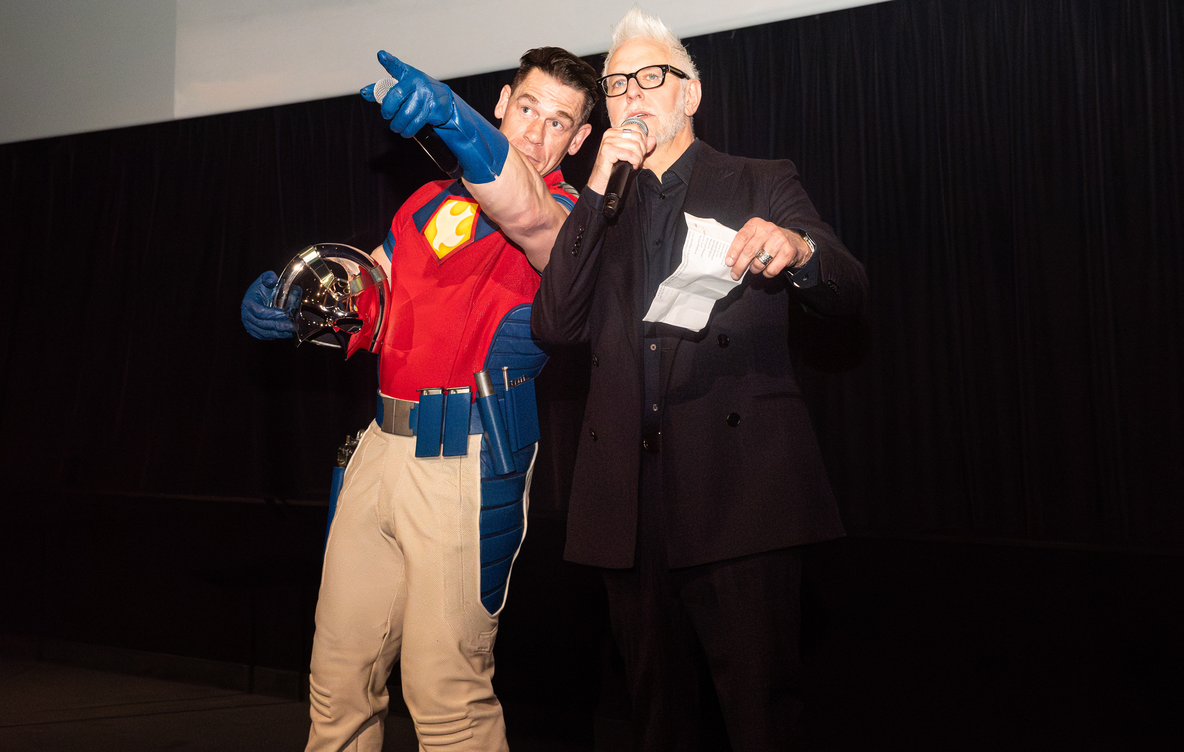 NEW YORK, NEW YORK - AUGUST 13, 2025: Director James Gunn and actor John Cena attend the world premiere of Peacemaker at AMC Lincoln Square 13 in New York City.
