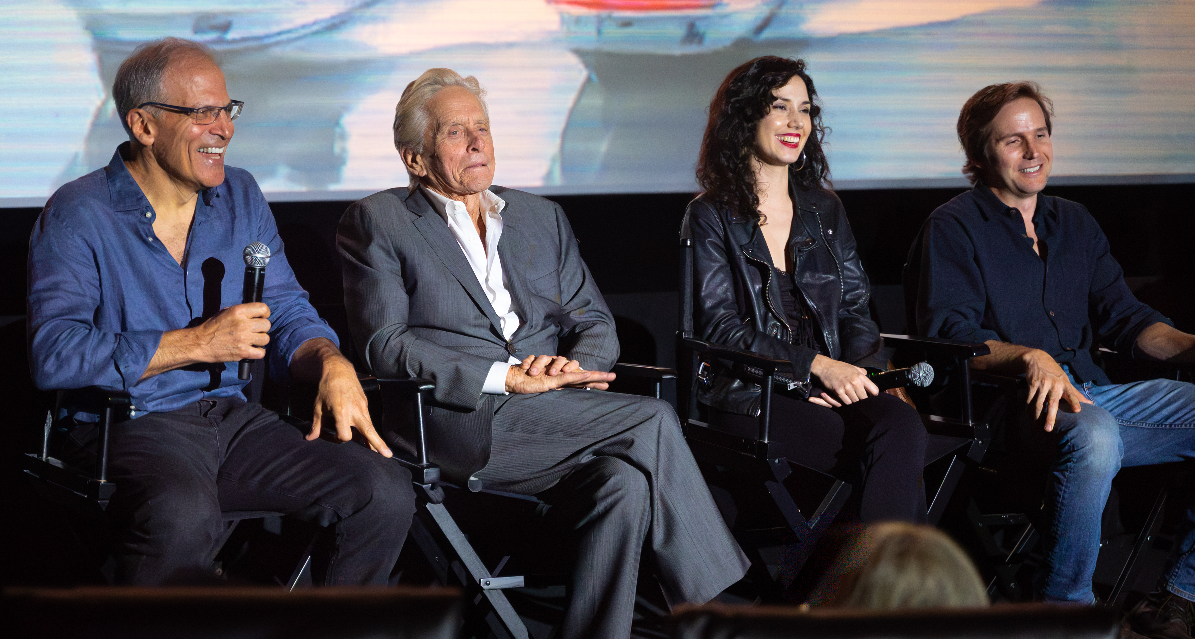 NEW YORK, NEW YORK - SEPTEMBER 5, 2025: Roberto Sneider, Michael Douglas, David Morse, Cameron Douglas, Tamara Tunie, Ximena Romo, and Michael Stahl-David participate in a Q&A for Looking Through Water at AMC Empire 25 in New York City.