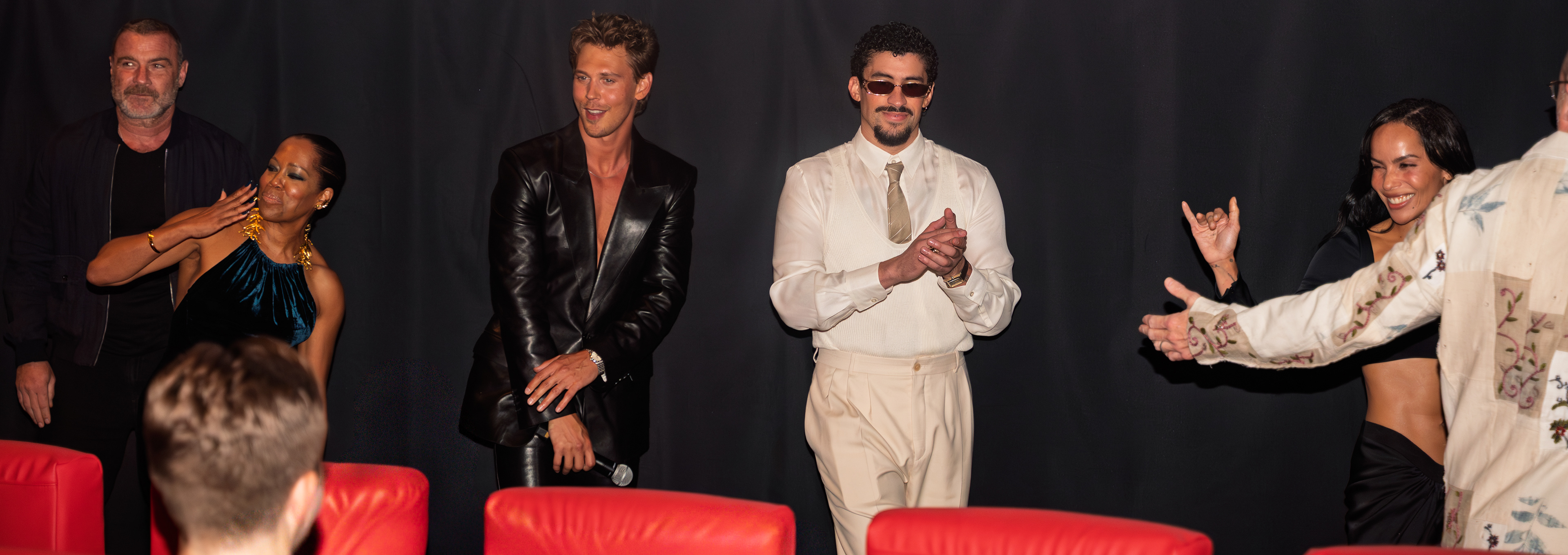 NEW YORK, NEW YORK - AUGUST 26, 2025: Darren Aronofsky, Austin Butler, Zoë Kravitz, Matt Smith, Bad Bunny, and Regina King attend the premiere of Caught Stealing at Regal Union Square in New York City.