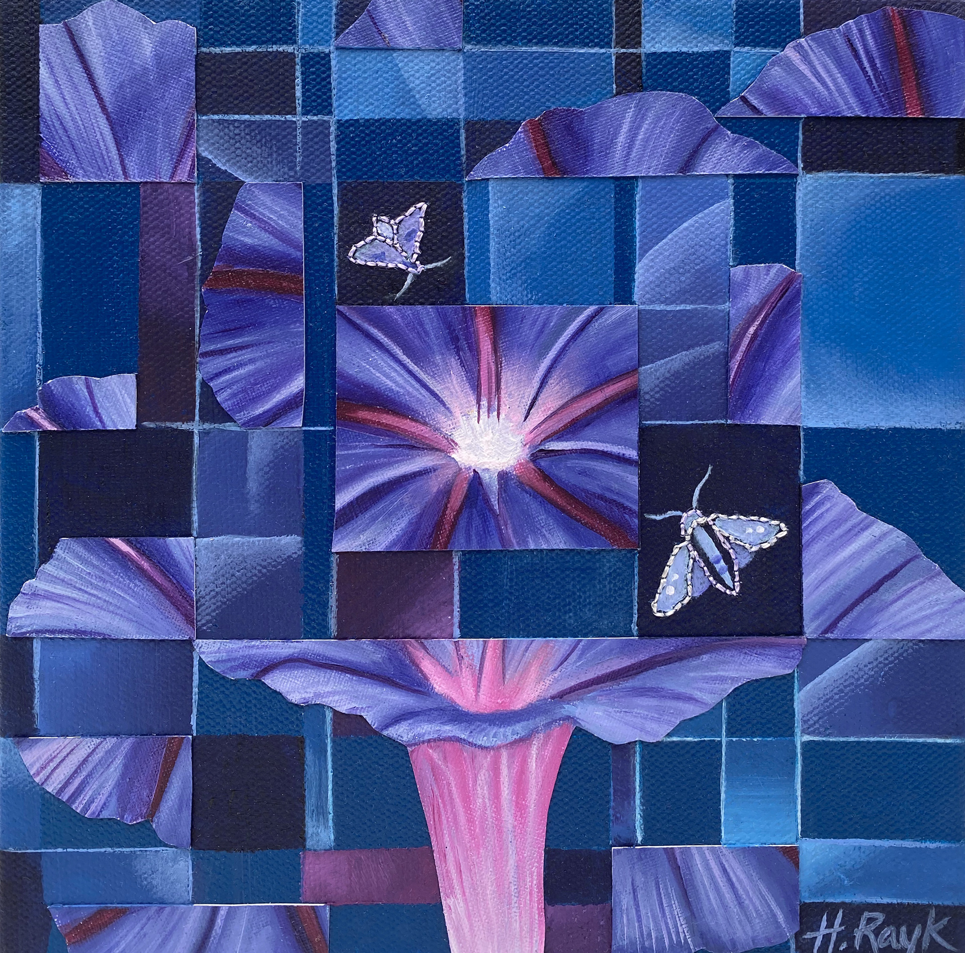 Oil Collage on Canvas with Embroidered Moth Detail