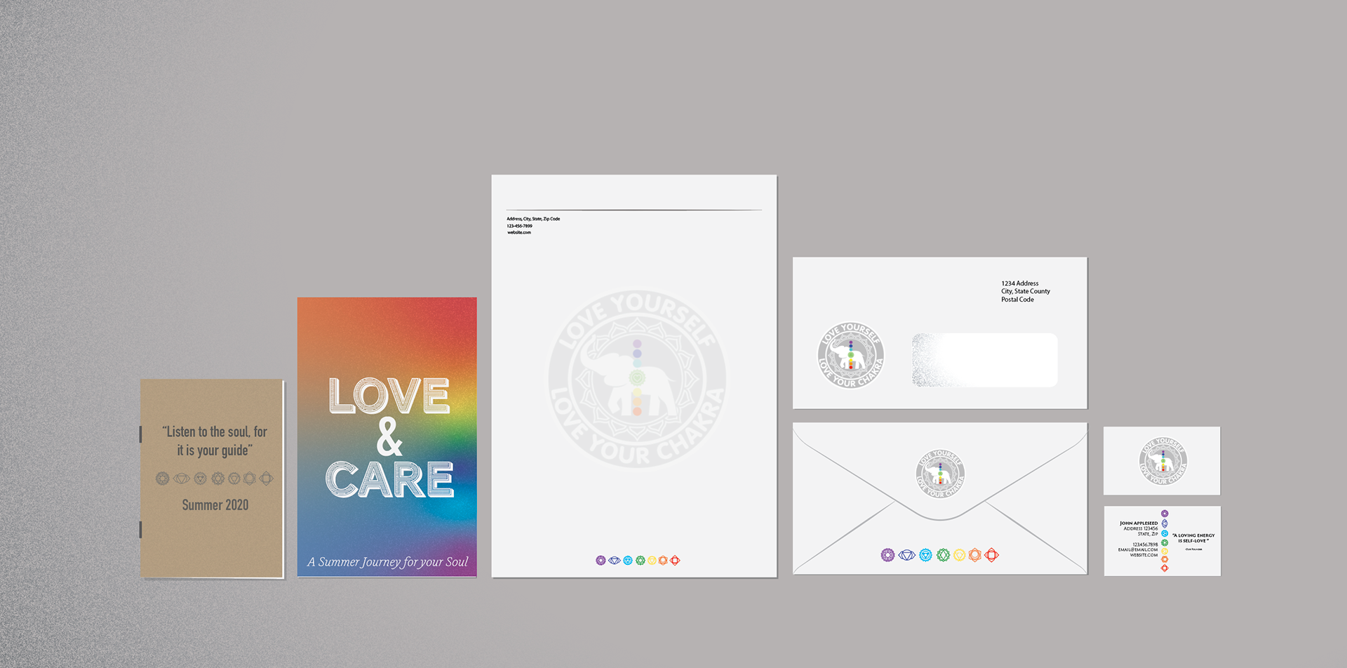 Stationery items for "Love your chakra" business, bringing everything together.
