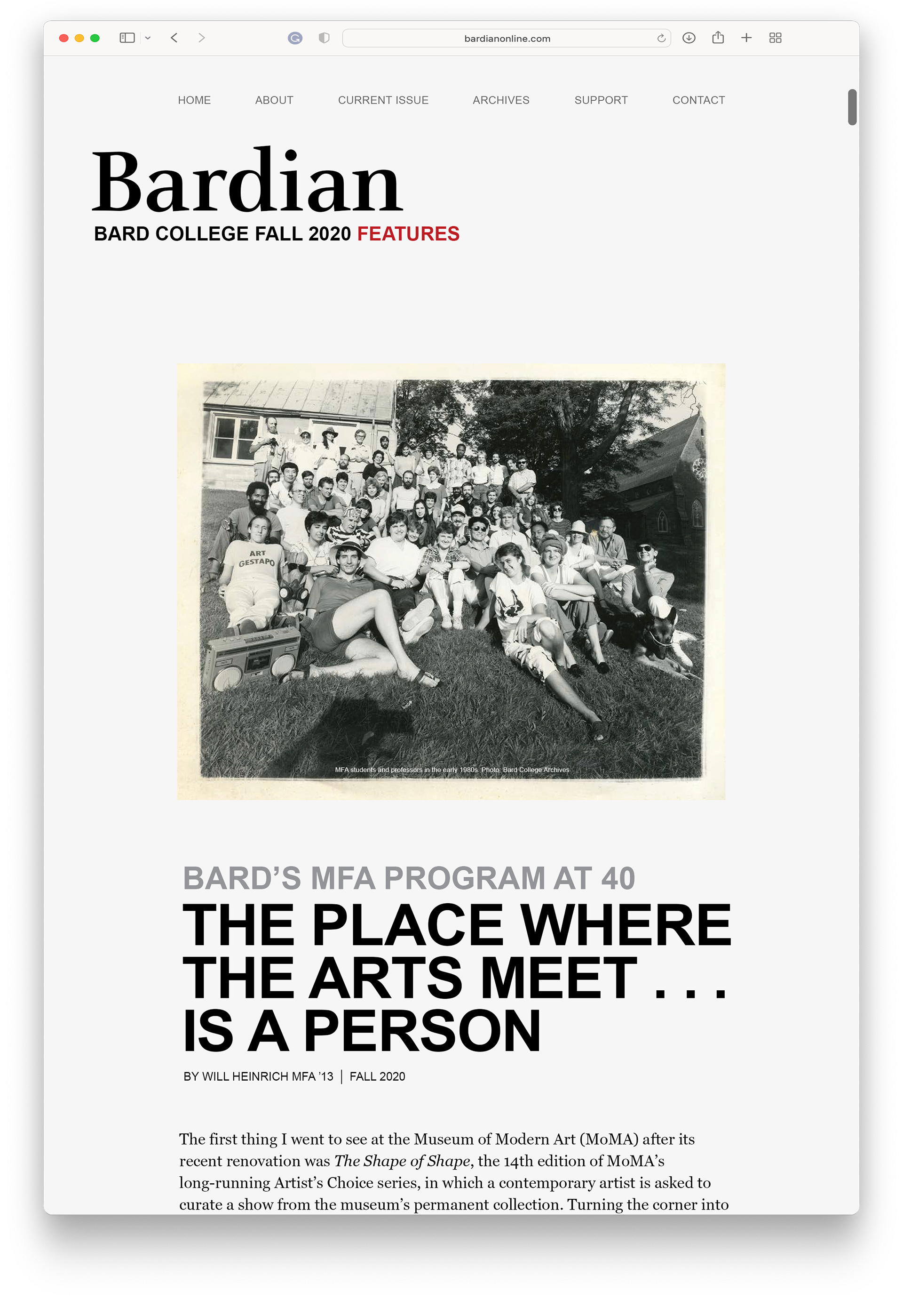 Bardian Feature: The Place Where the Arts Meet…Is a Person: A Feature from the Fall 2020 issue of the Bardian. An online version of the magazine allows visitors to comment on or share articles, or find related write-ups by clicking the tags. It also allows us to include additional imagery that might not have fit in the print version.