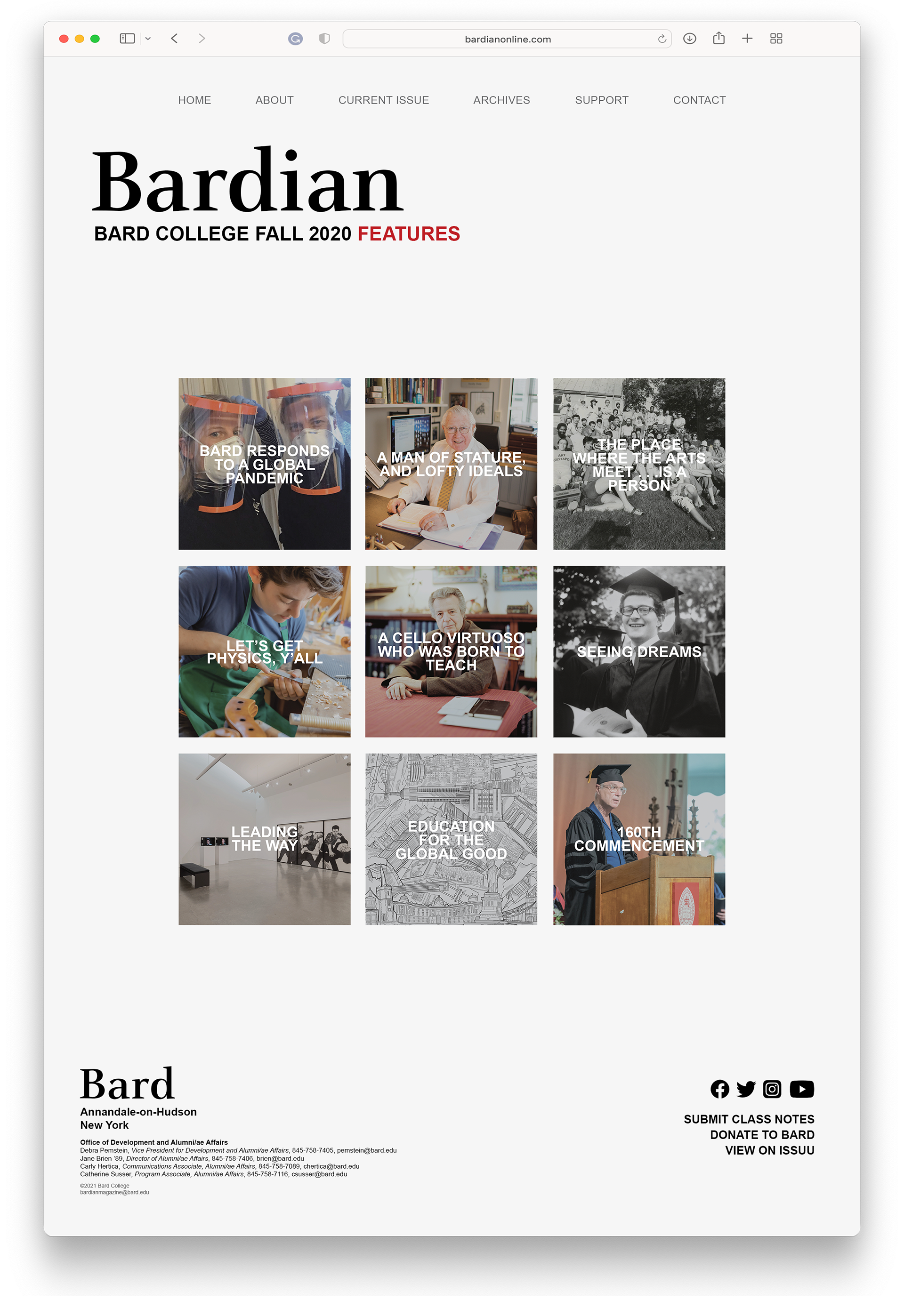 The Bardian Features: Clicking on "Features" on the homepage leads to a visual directory of the eight articles appearing in the latest issue. Here, visitors can navigate to the Feature of their choice. 