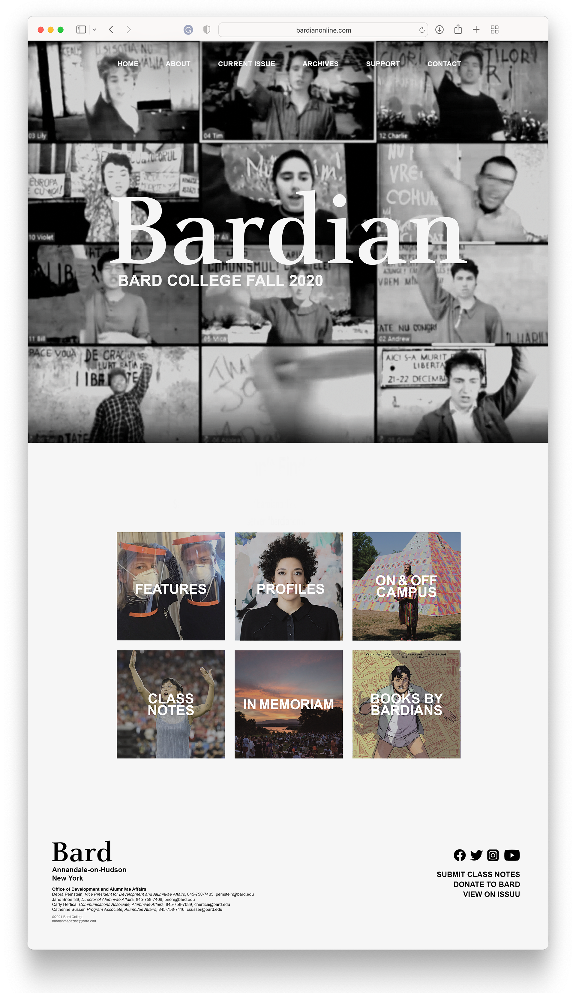 The Bardian Homepage: Each issue of the Bardian includes "Features" (articles written by, or about, alumni/ae), "Profiles" (of notable alumn), "On & Off Campus" (relevant events and happenings), "Class Notes," "In Memorium," and "Books by Bardians."   The homepage for the Bardian would be updated with each issue so that visitors to the site could easily access the latest articles and stories. 