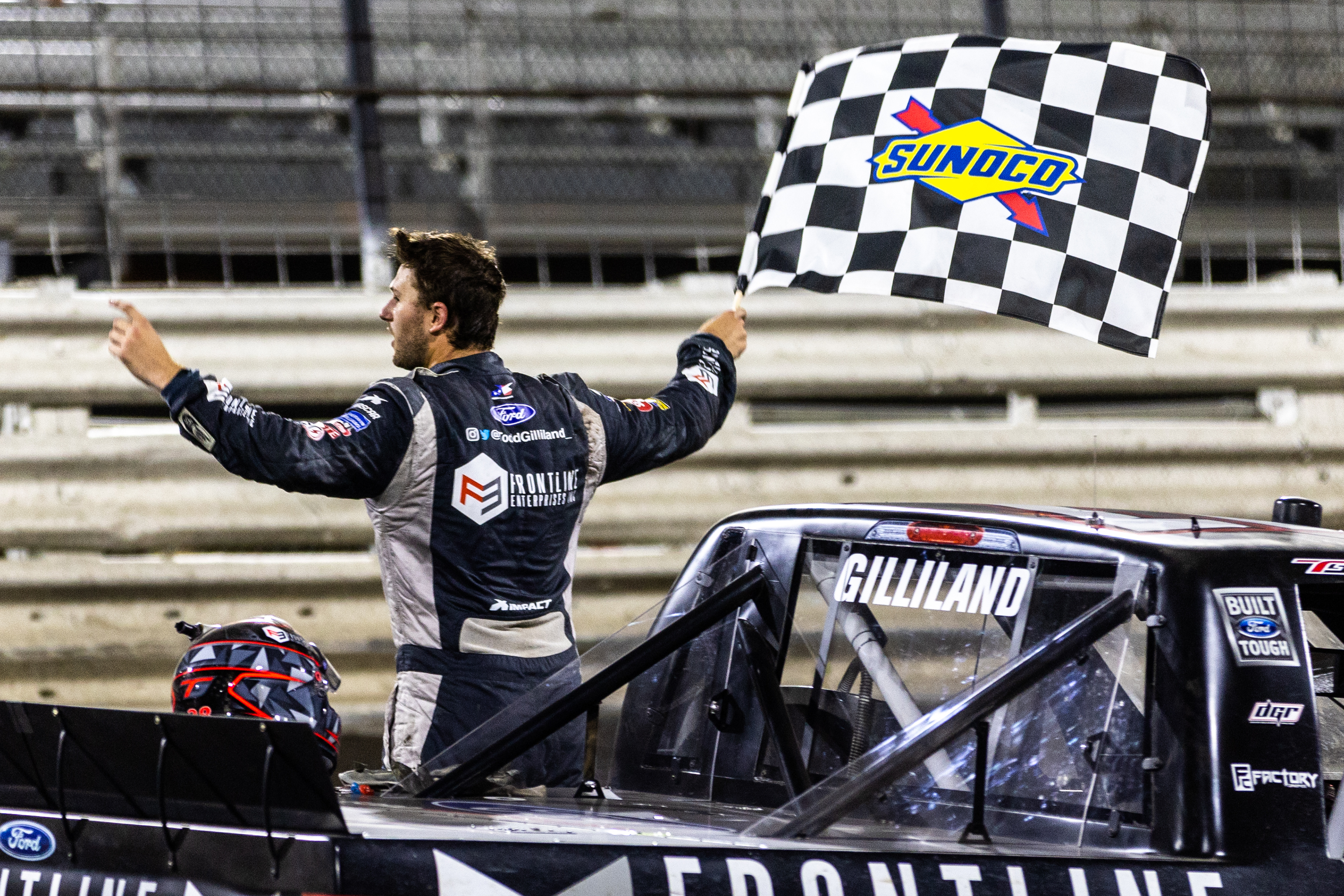 NASCAR Gander RV and Outdoors Truck Series driver Todd Gilliland (17) celebrates winning the Clean Harbors 150 NASCAR Camping World Truck Series Race at Knoxville Raceway in Knoxville, Iowa on Saturday, June 18, 2022.