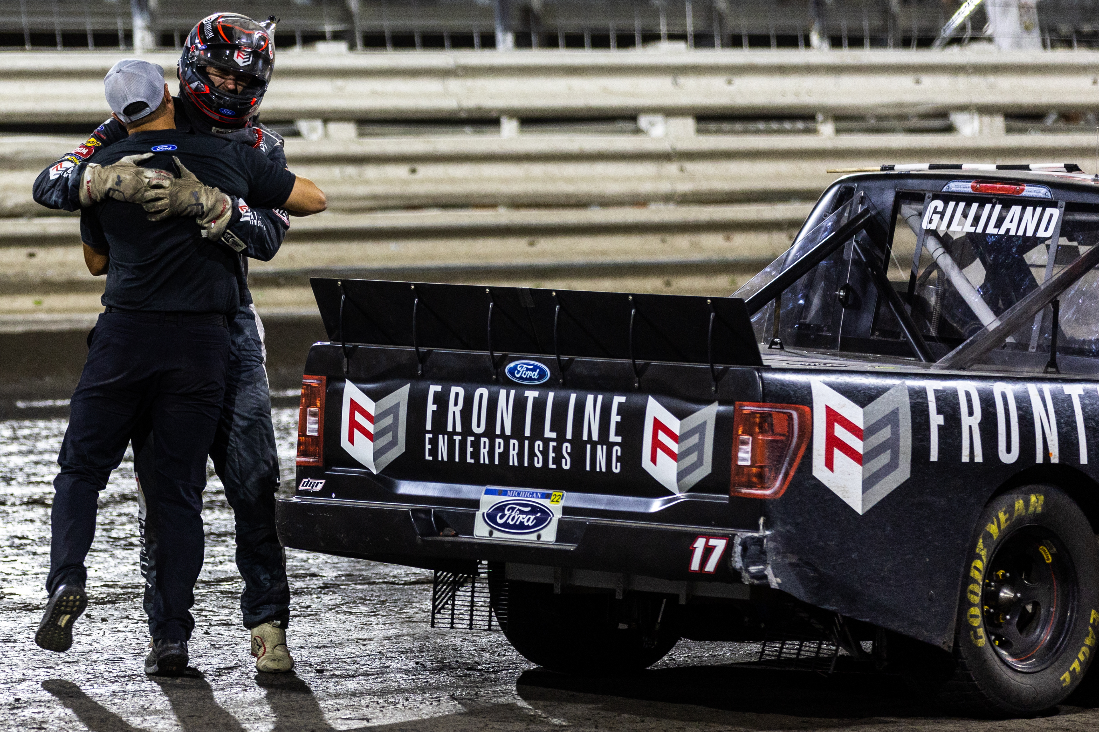 NASCAR Gander RV and Outdoors Truck Series driver Todd Gilliland (17) celebrates winning the Clean Harbors 150 NASCAR Camping World Truck Series Race at Knoxville Raceway in Knoxville, Iowa on Saturday, June 18, 2022.
