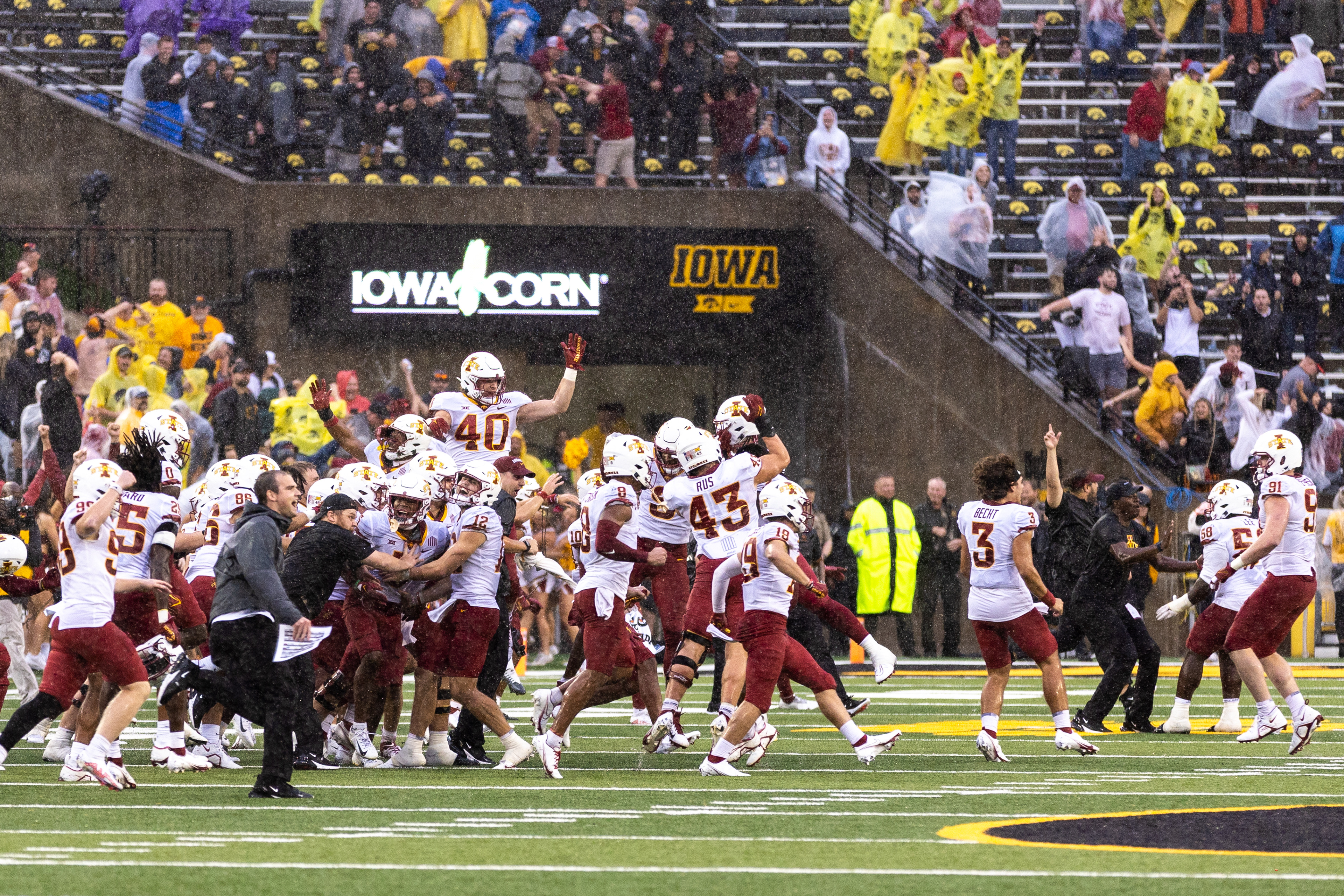 The Iowa State Cyclones celebrate winning a NCAA football game between the Iowa Hawkeyes and the Iowa State Cyclones at Kinnick Stadium in Iowa City, Iowa on Saturday, Sept. 10, 2022.