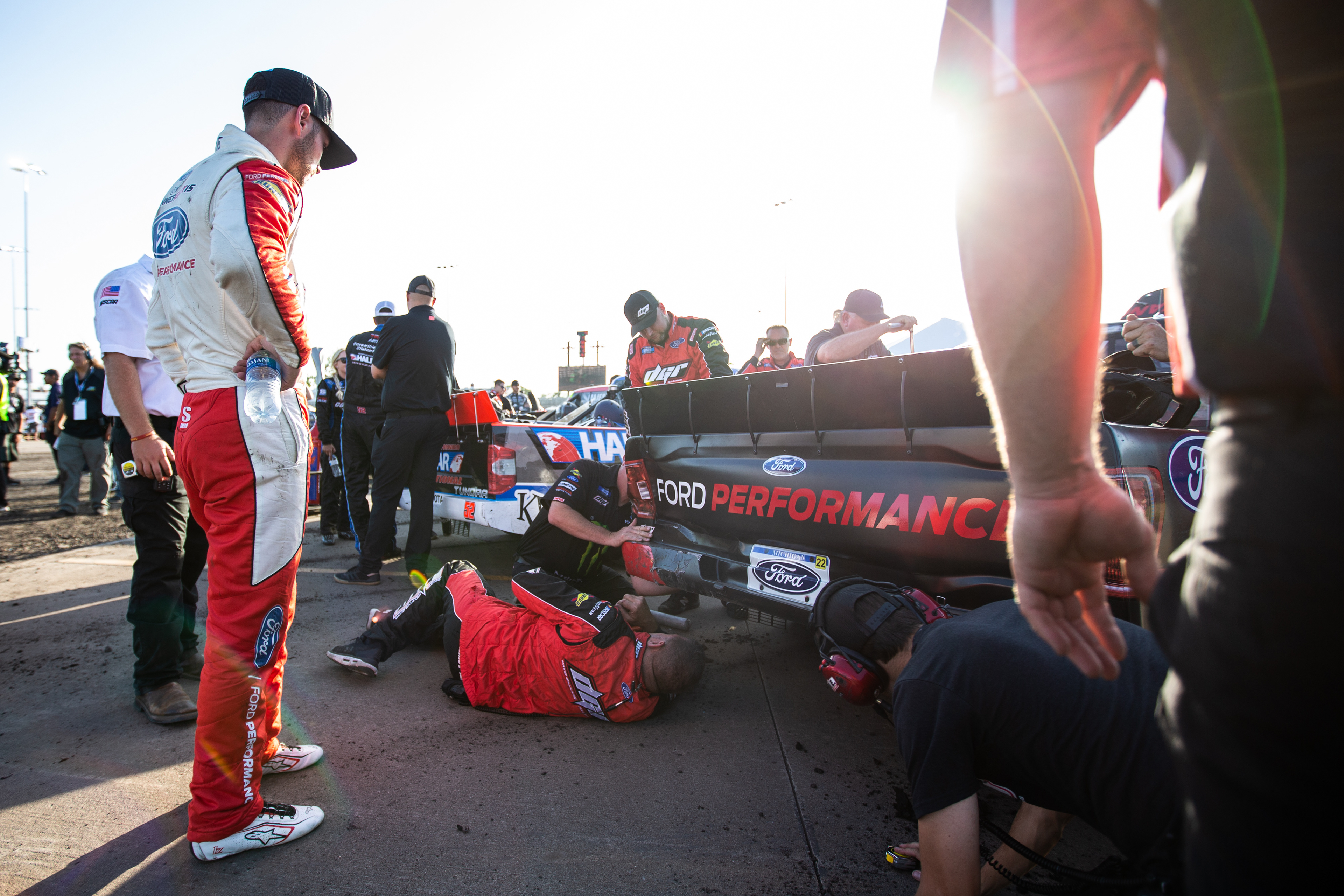 NASCAR Gander RV and Outdoors Truck Series driver Tanner Gray (15) inspects damage from qualifying before the Clean Harbors 150 NASCAR Camping World Truck Series Race at Knoxville Raceway in Knoxville, Iowa on Saturday, June 18, 2022.