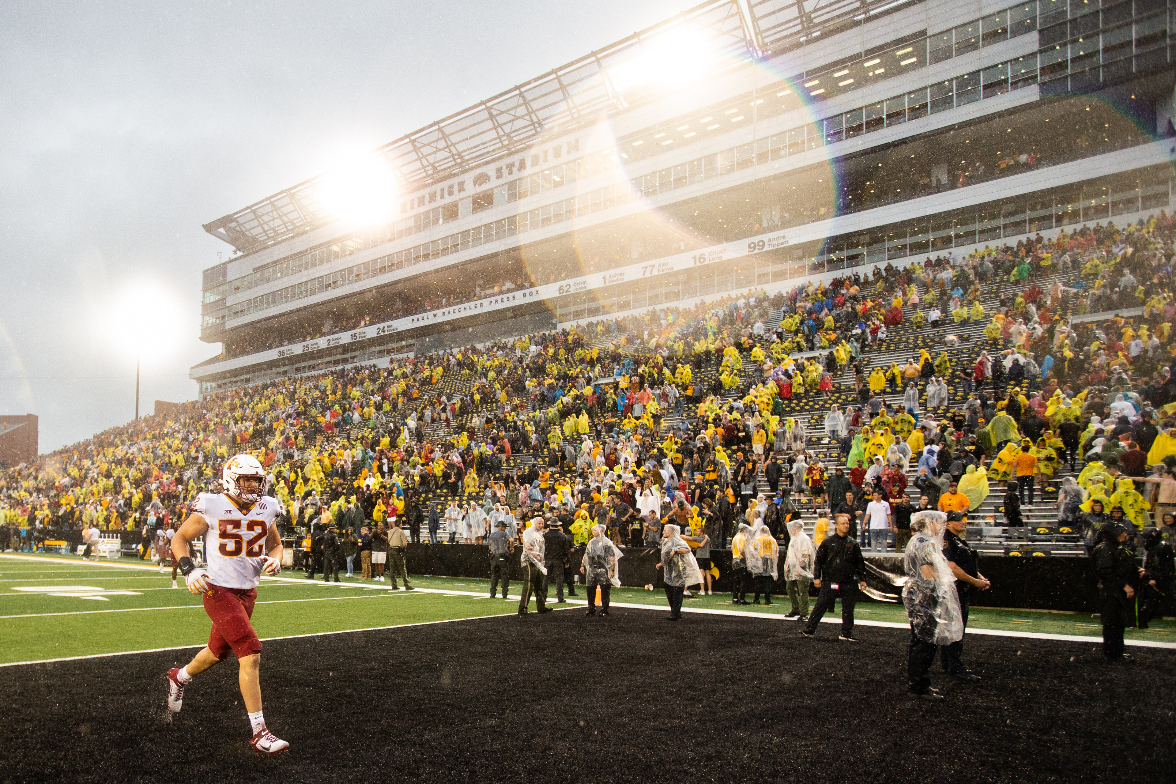 Iowa State Cyclones offensive lineman Trevor Downing (52) runs toward the Cy-Hawk Trophy in the north endzone during a NCAA football game between the Iowa Hawkeyes and the Iowa State Cyclones at Kinnick Stadium in Iowa City, Iowa on Saturday, Sept. 10, 2022.