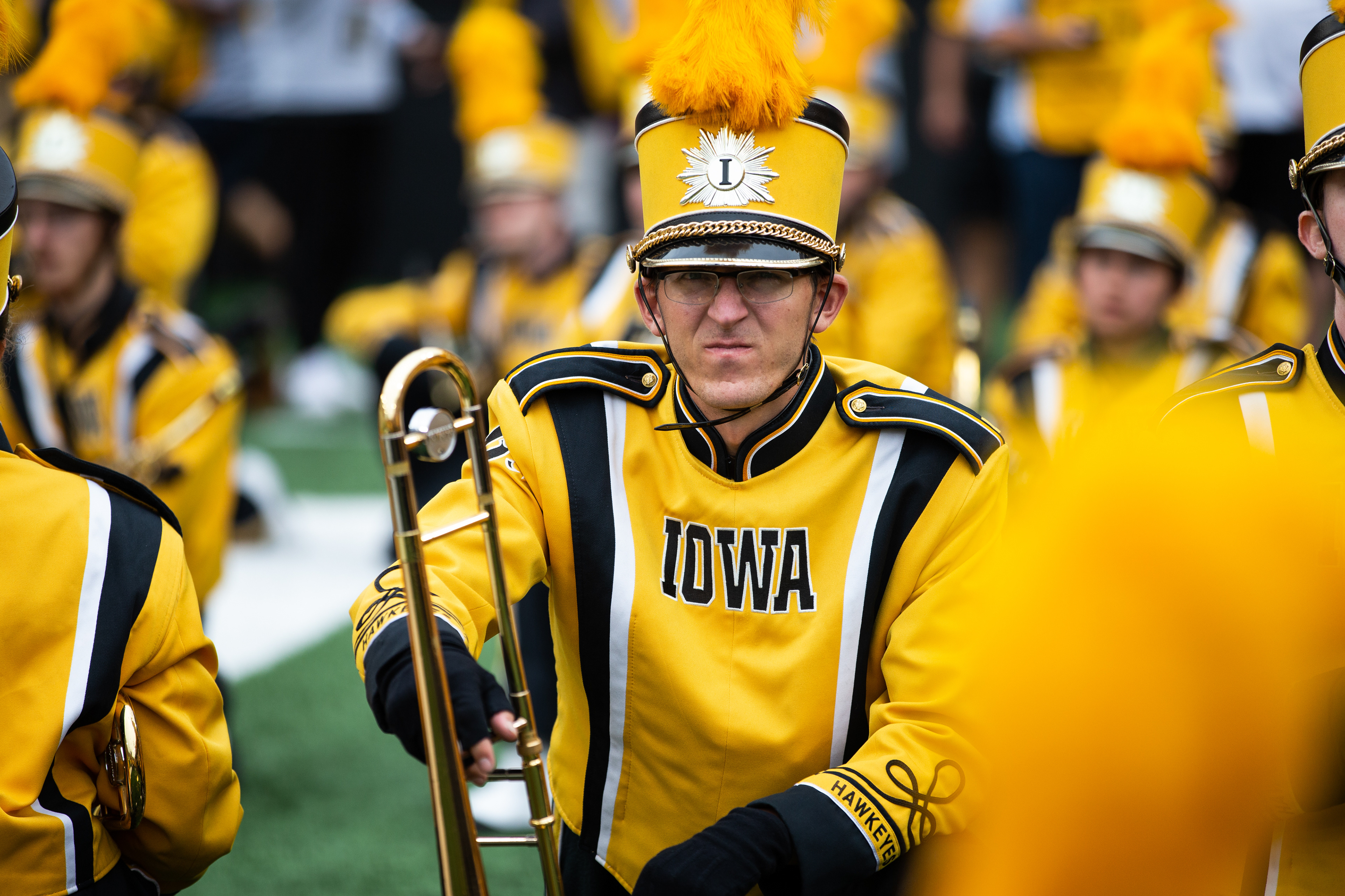 A member of the Iowa Hawkeyes marching band during a NCAA football game between the Iowa Hawkeyes and the Iowa State Cyclones at Kinnick Stadium in Iowa City, Iowa on Saturday, Sept. 10, 2022.