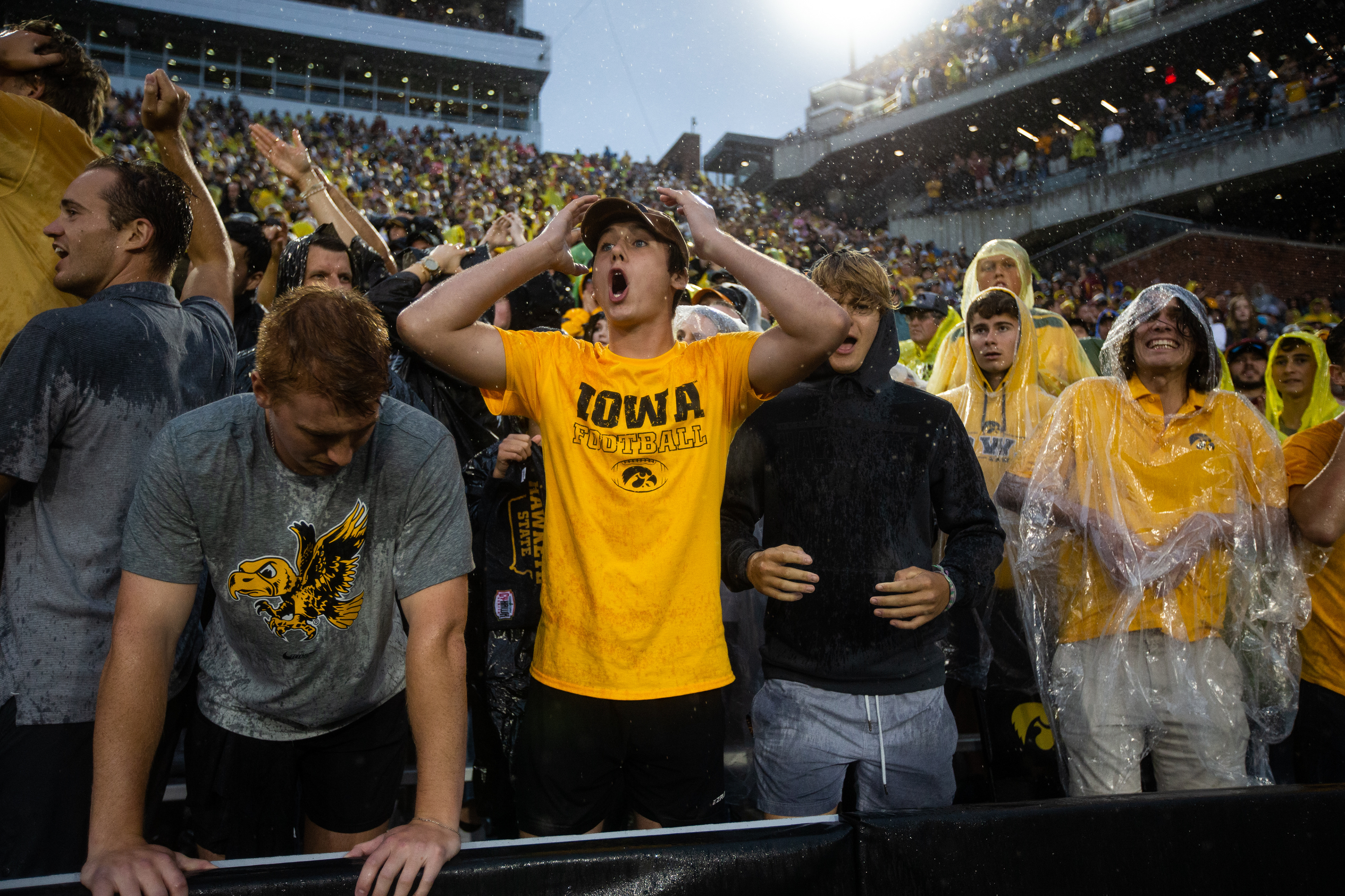 Iowa Hawkeyes fans react to a negative play near the end of a NCAA football game between the Iowa Hawkeyes and the Iowa State Cyclones at Kinnick Stadium in Iowa City, Iowa on Saturday, Sept. 10, 2022.