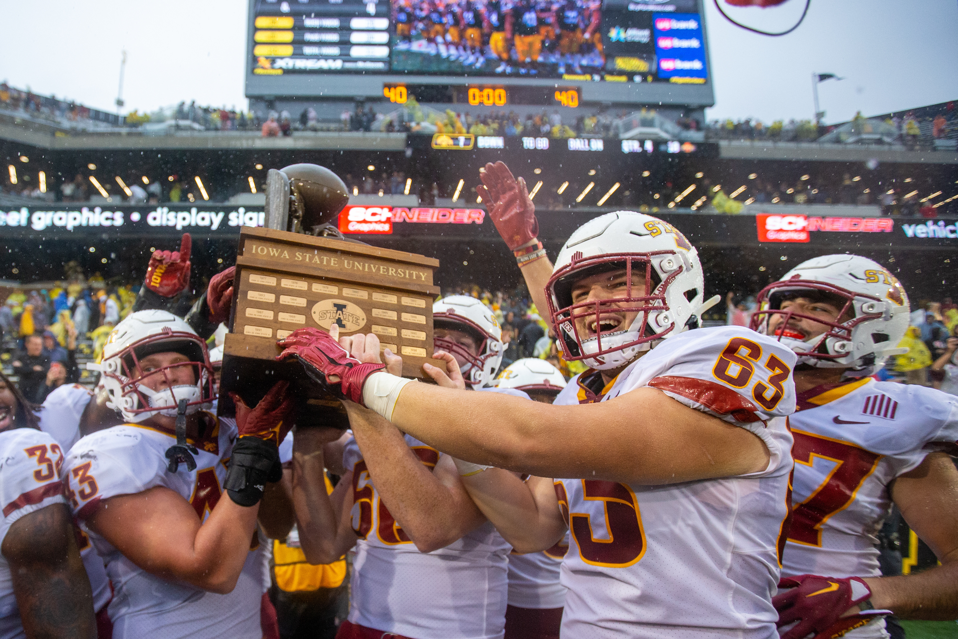 The Iowa State Cyclones celebrate winning the Cy-Hawk Rivarly NCAA football game between the Iowa Hawkeyes and the Iowa State Cyclones at Kinnick Stadium in Iowa City, Iowa on Saturday, Sept. 10, 2022.