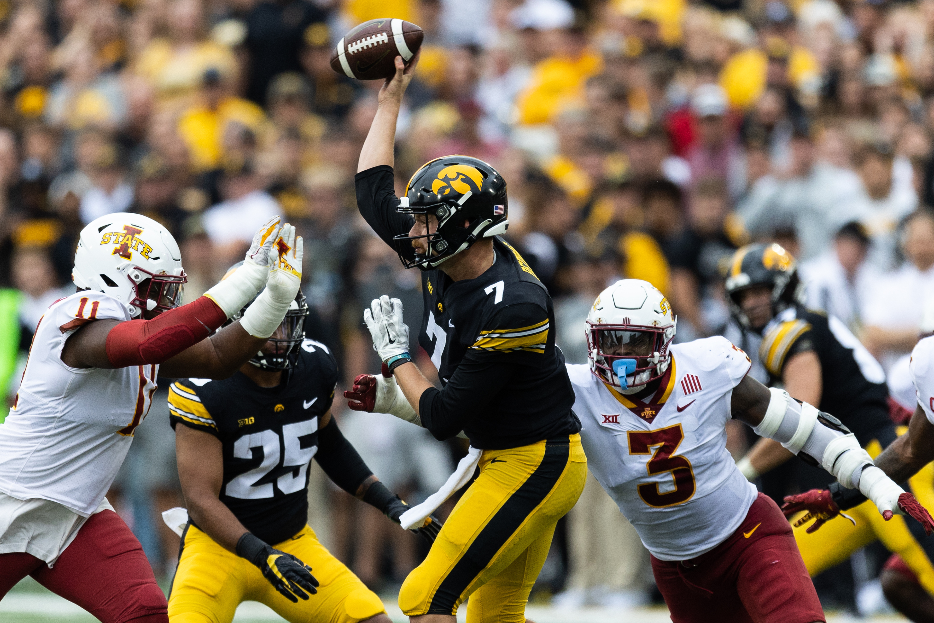 Iowa Hawkeyes quarterback Spencer Petras (7) during a NCAA football game between the Iowa Hawkeyes and the Iowa State Cyclones at Kinnick Stadium in Iowa City, Iowa on Saturday, Sept. 10, 2022.