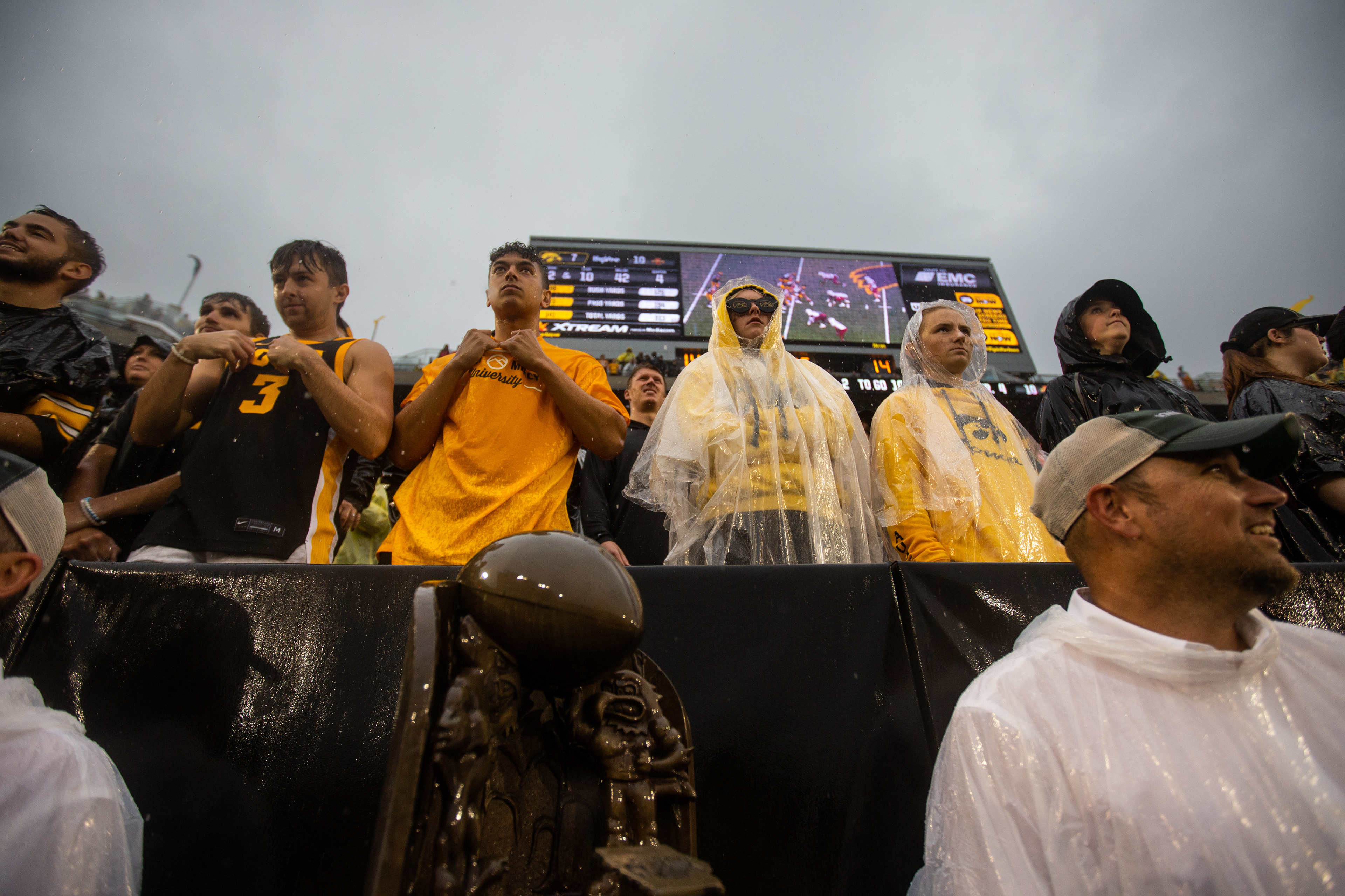 Iowa Hawkeyes fans watch a NCAA football game between the Iowa Hawkeyes and the Iowa State Cyclones at Kinnick Stadium in Iowa City, Iowa on Saturday, Sept. 10, 2022.