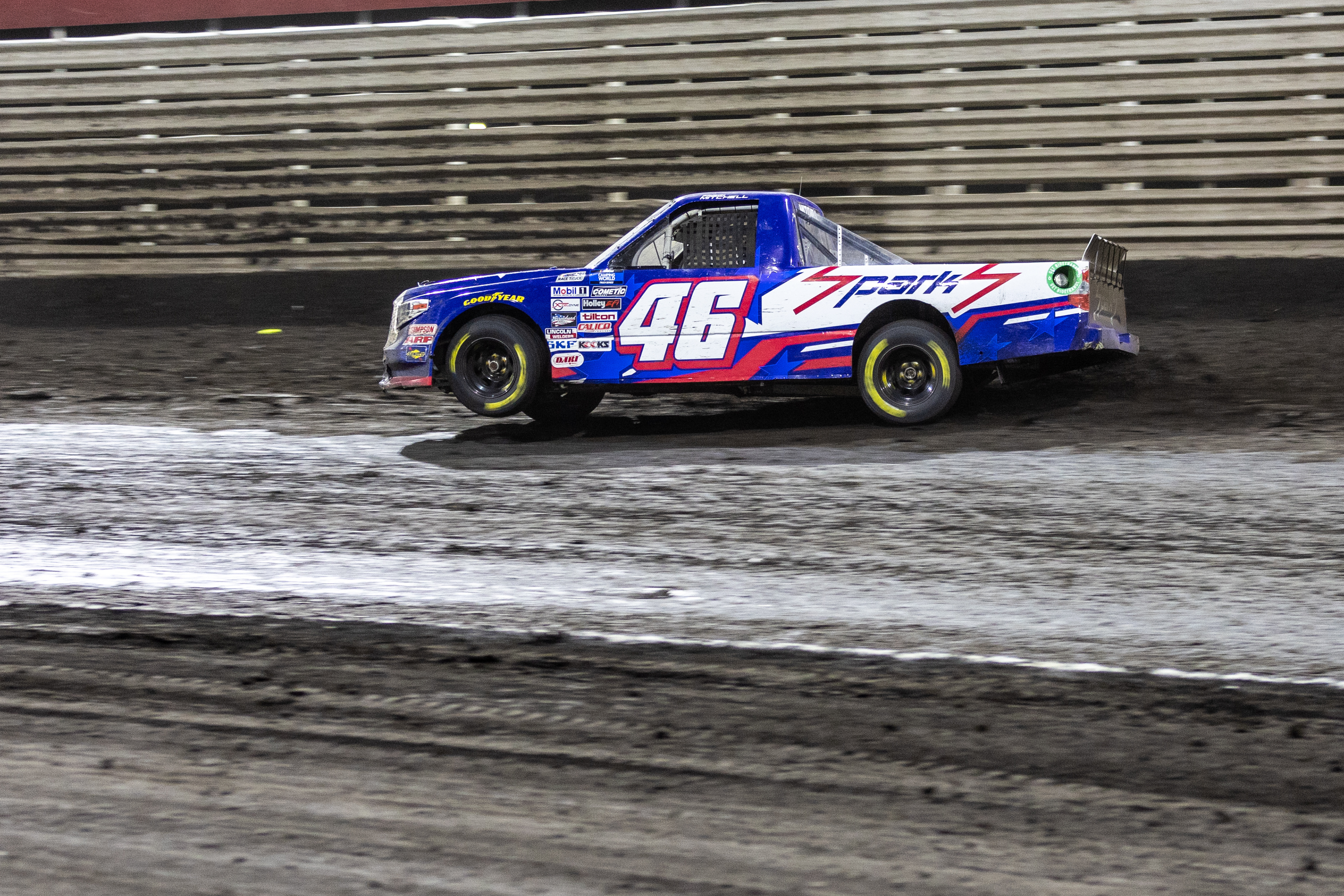 NASCAR Gander RV and Outdoors Truck Series driver Bryston Mitchell (46) rides the high groove during the Clean Harbors 150 NASCAR Camping World Truck Series Race at Knoxville Raceway in Knoxville, Iowa on Saturday, June 18, 2022.