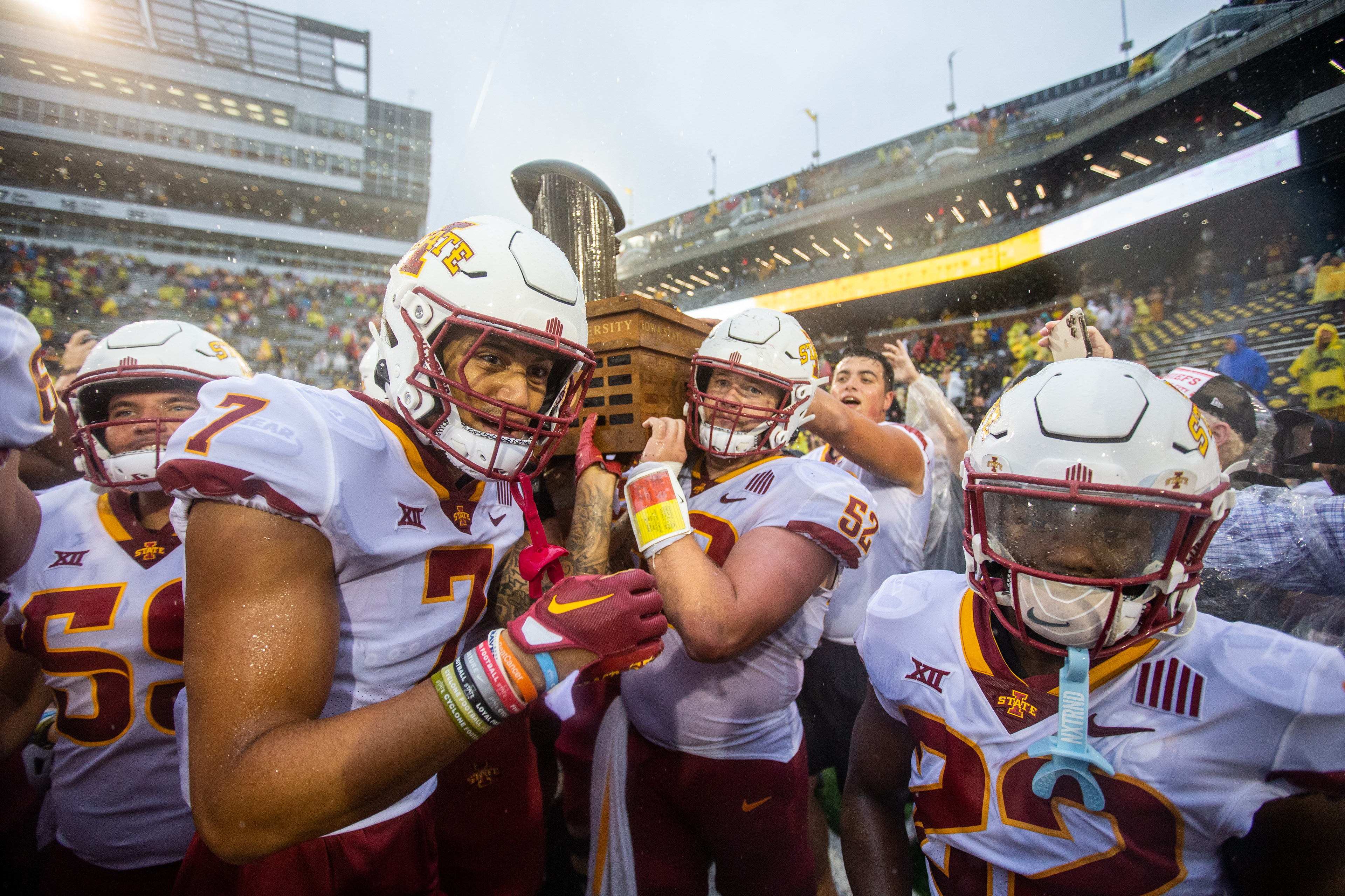 The Iowa State Cyclones celebrate winning the Cy-Hawk Rivarly NCAA football game between the Iowa Hawkeyes and the Iowa State Cyclones at Kinnick Stadium in Iowa City, Iowa on Saturday, Sept. 10, 2022.